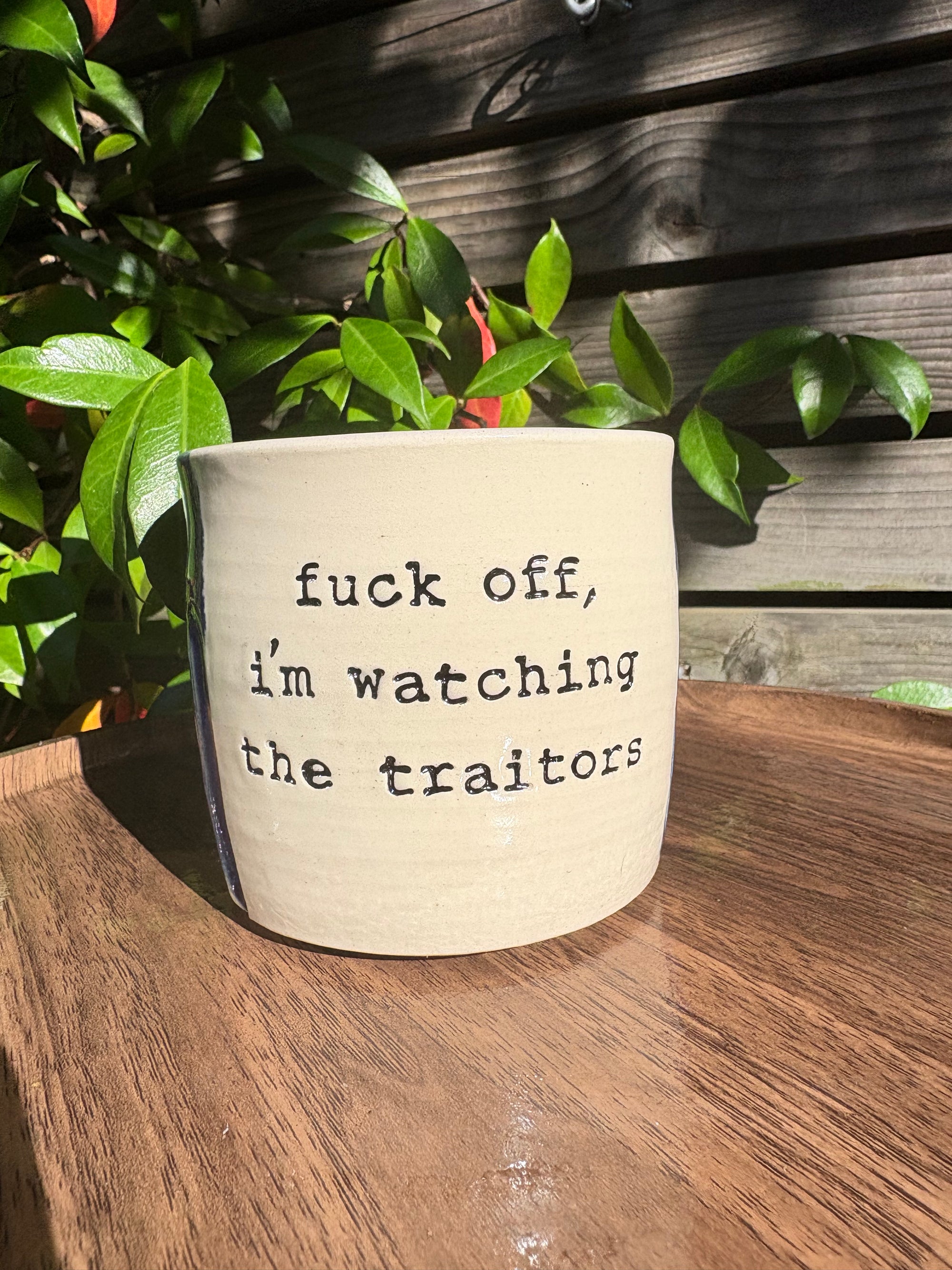 "fuck off, i'm watching the traitors" mug (no handle/blue/grooves, 320ml)