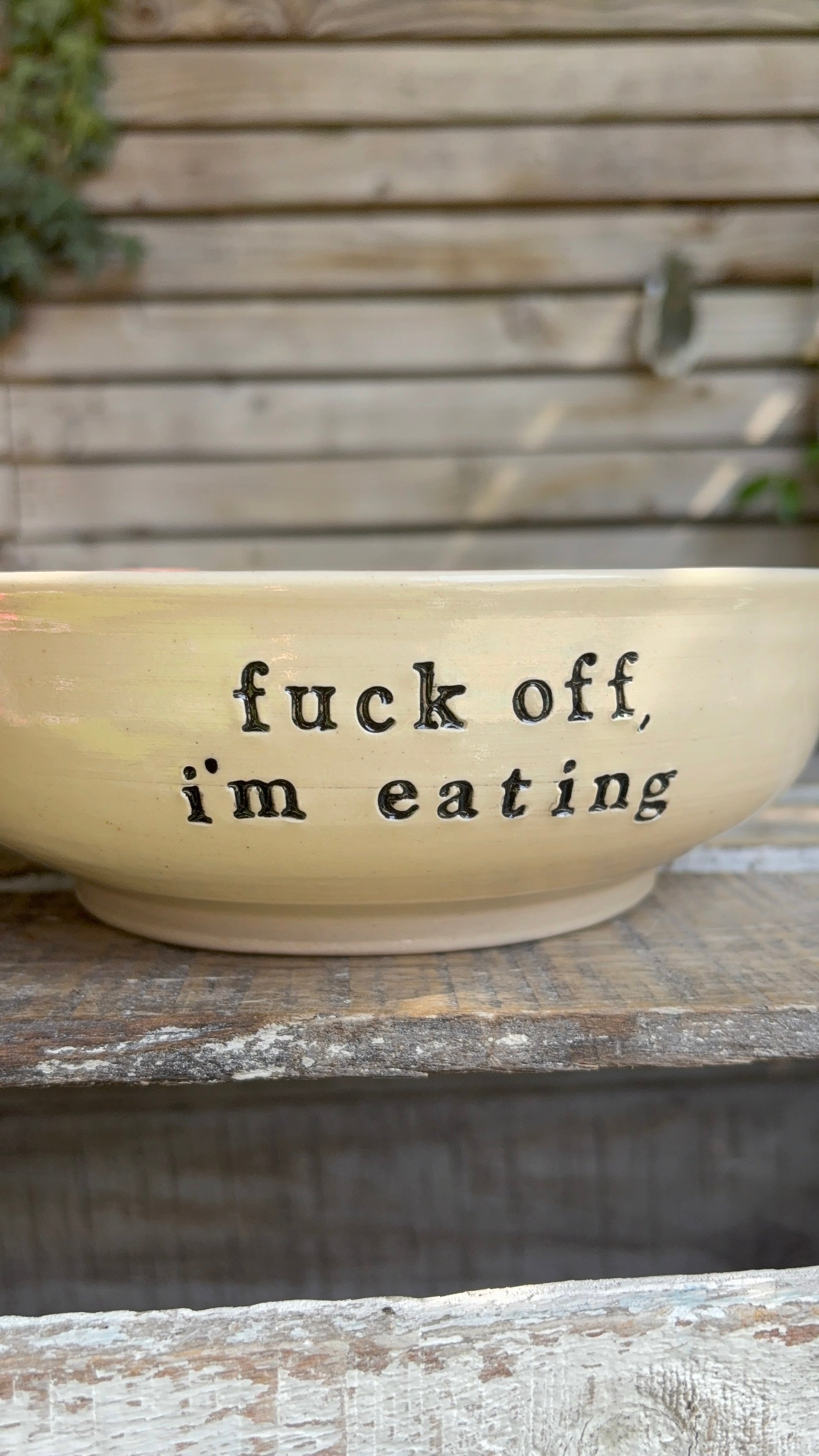 “fuck off i'm eating"  round salad/pasta bowl (pastels, cream clay)