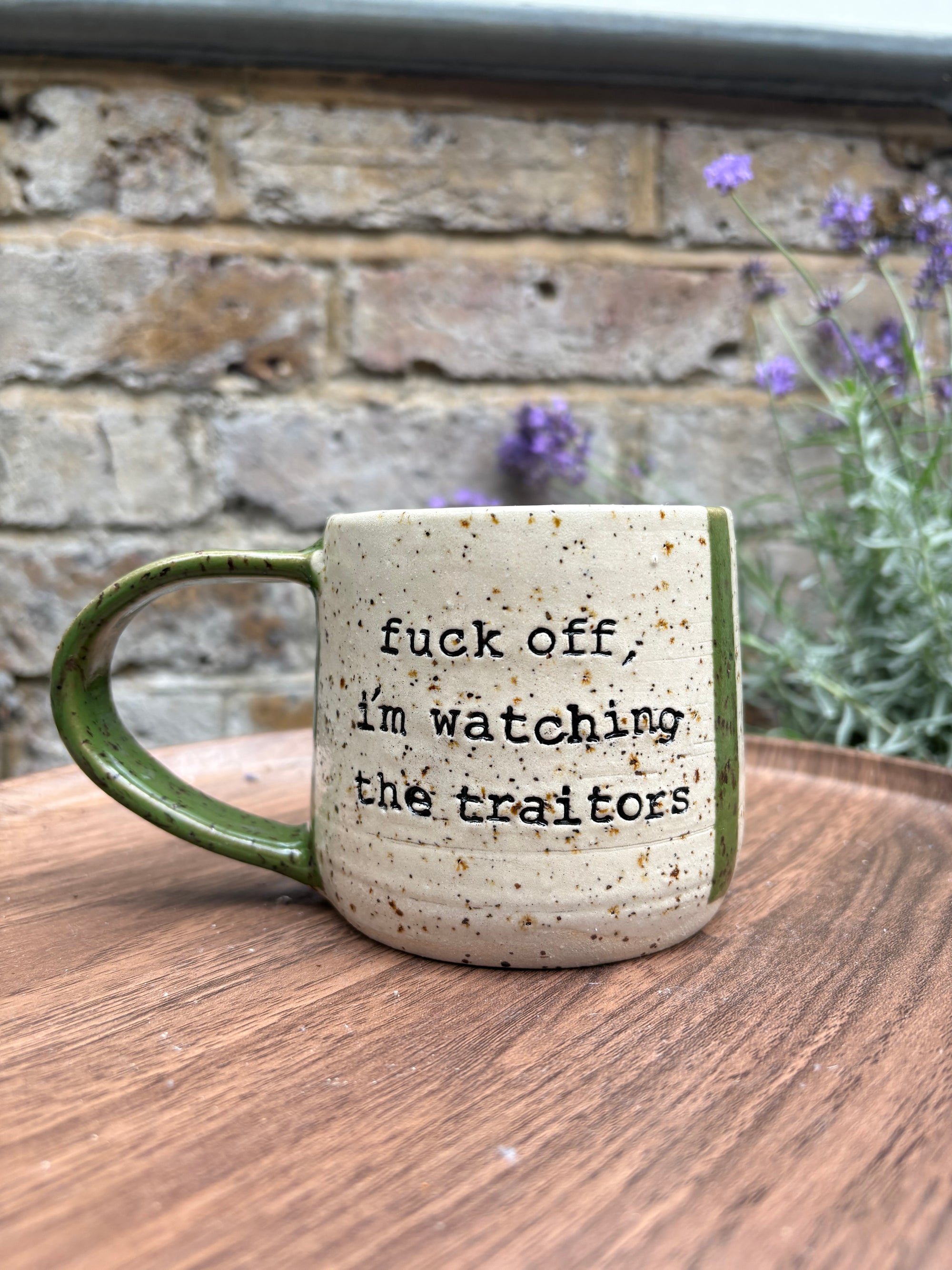 "fuck off, i'm watching the traitors" mug (green stripe, 260ml)