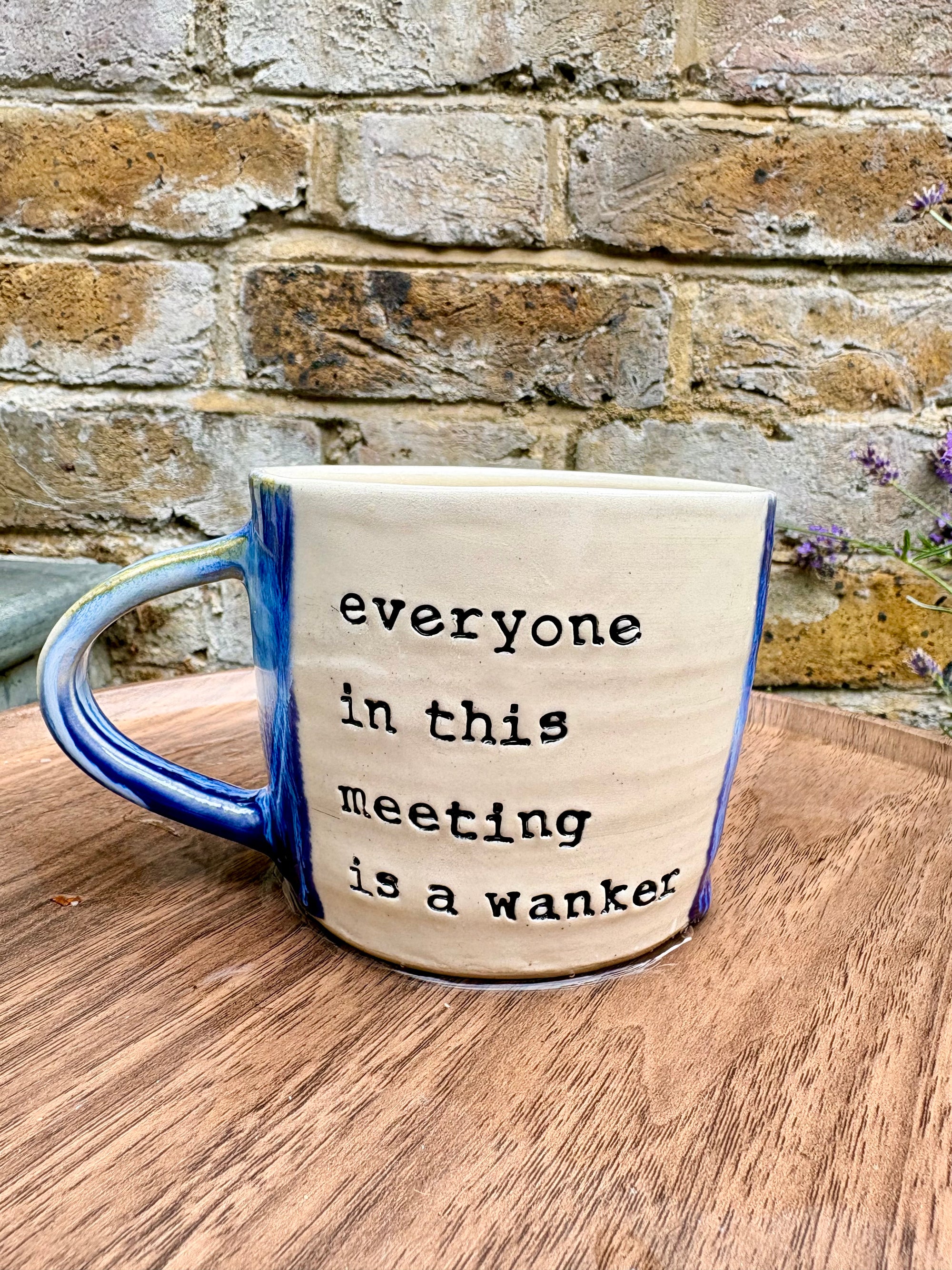 "I 🩷 meetings” "everyone in this meeting is a wanker" mug (blues, left)