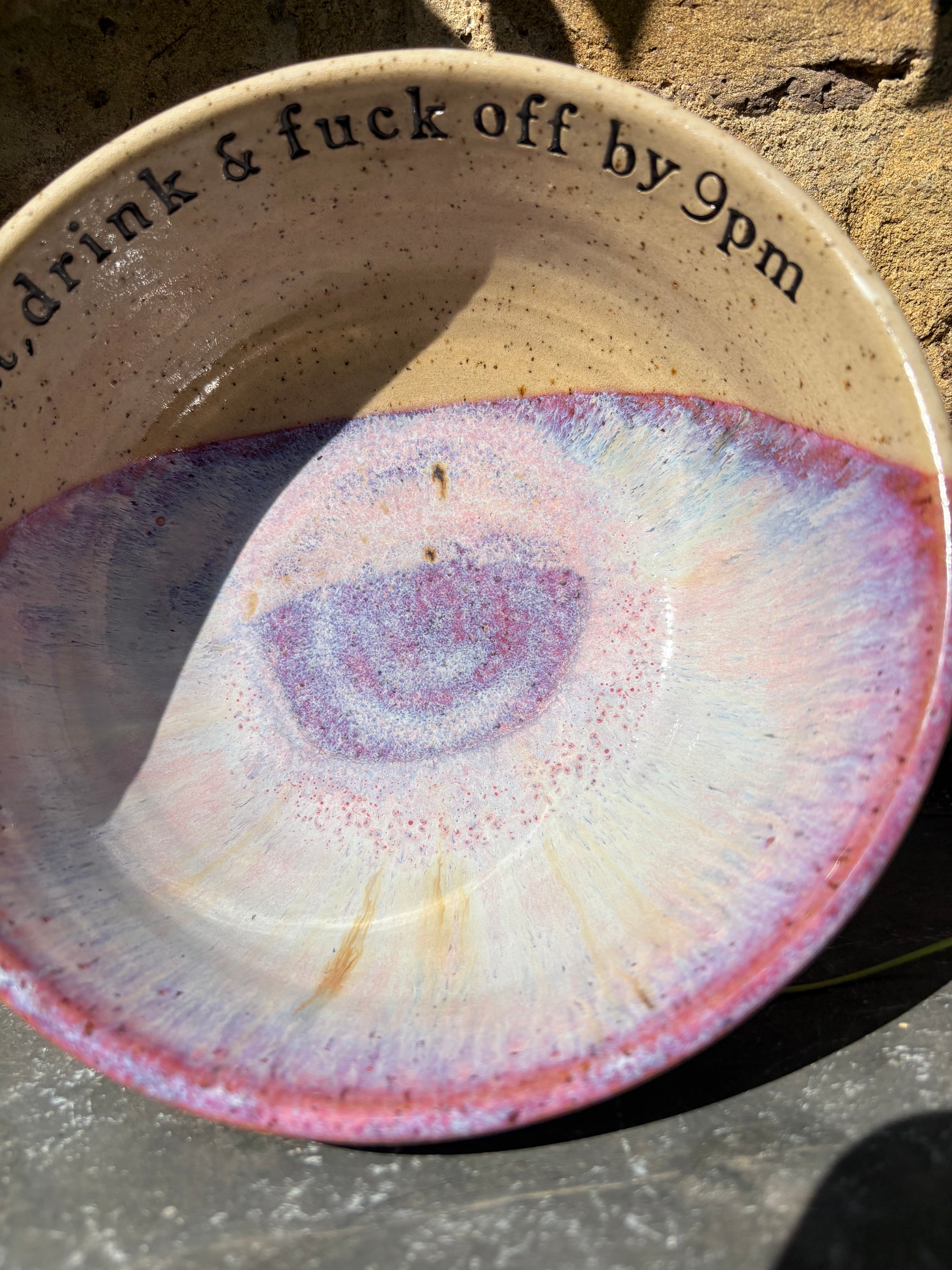 “eat, drink and fuck off by 9pm"  deep round salad/pasta bowl (lilac, flecked clay)