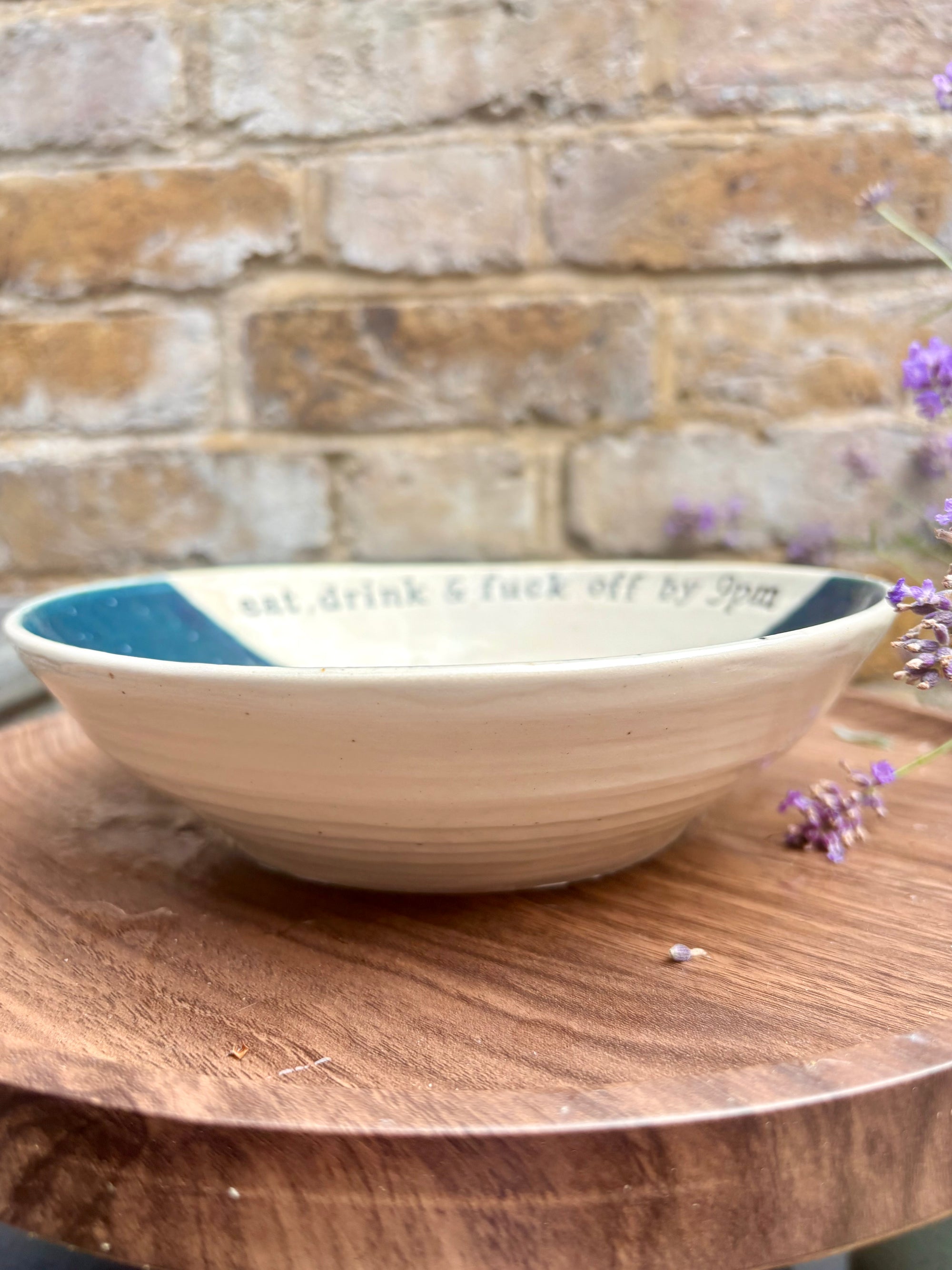“eat, drink and fuck off by 9pm" round cereal/pasta bowl (sea green speckle, cream clay)