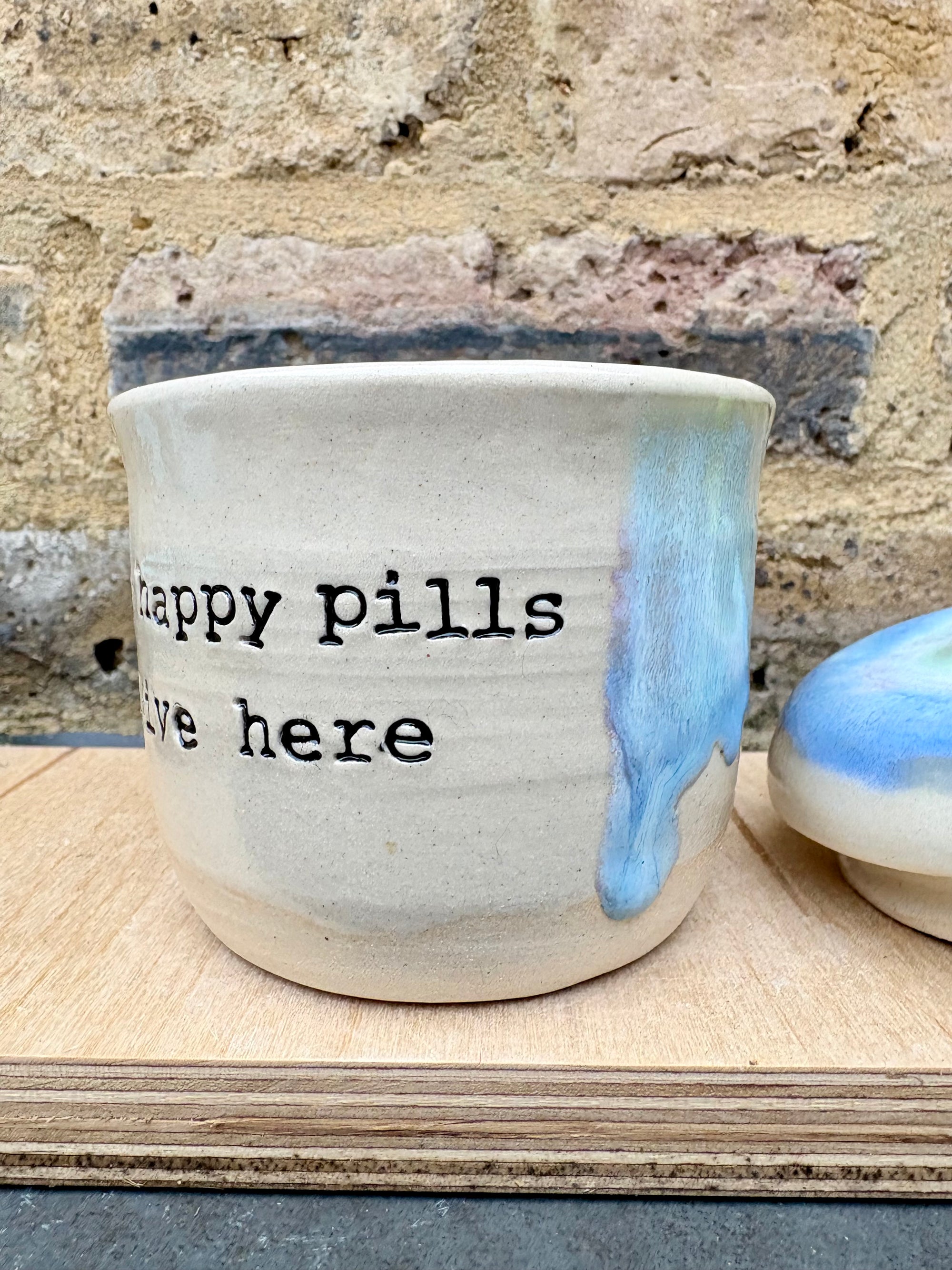 "my happy pills live here" lidded pot (oyster blue)