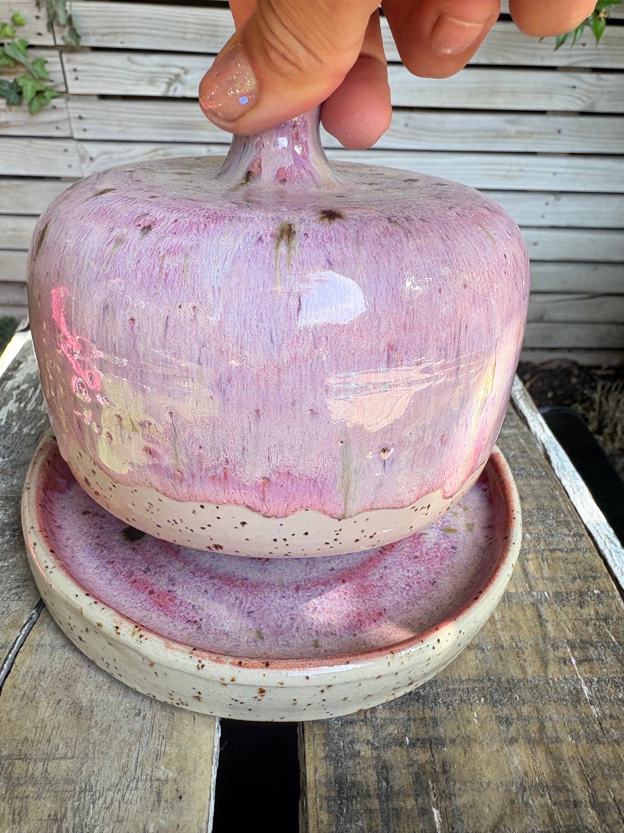 Butter Dish (butter slut, pink wood, flecked clay, knob)