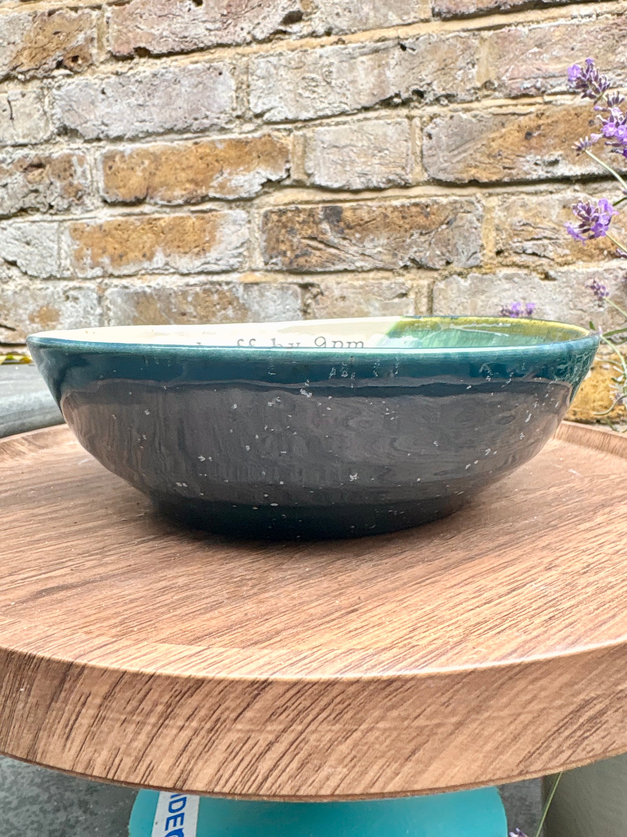 “eat, drink and fuck off by 9pm" round pasta/salad/serving bowl (green, cream clay)