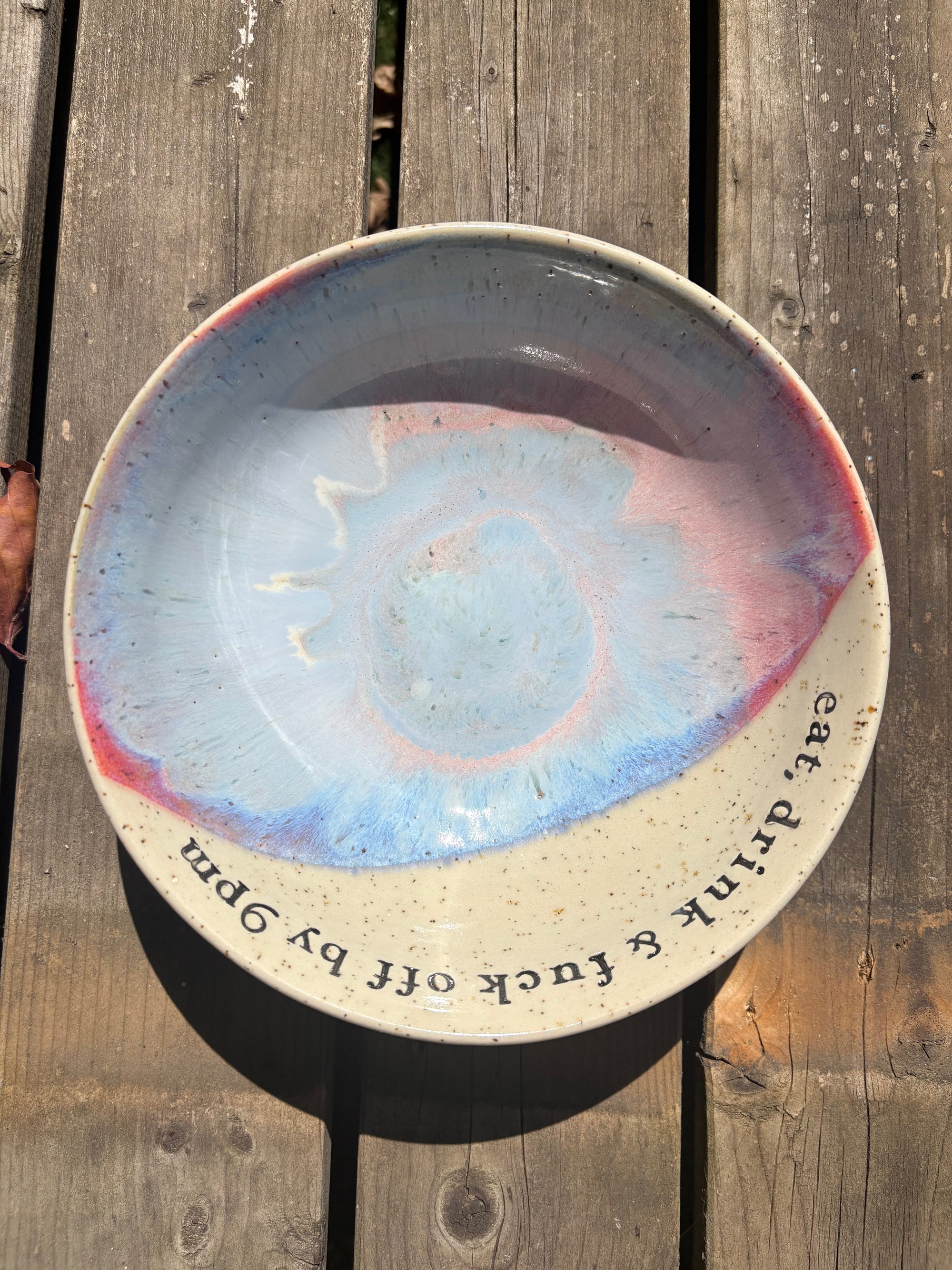 “eat, drink and fuck off by 9pm" round salad/pasta bowl (pastels, flecked clay)