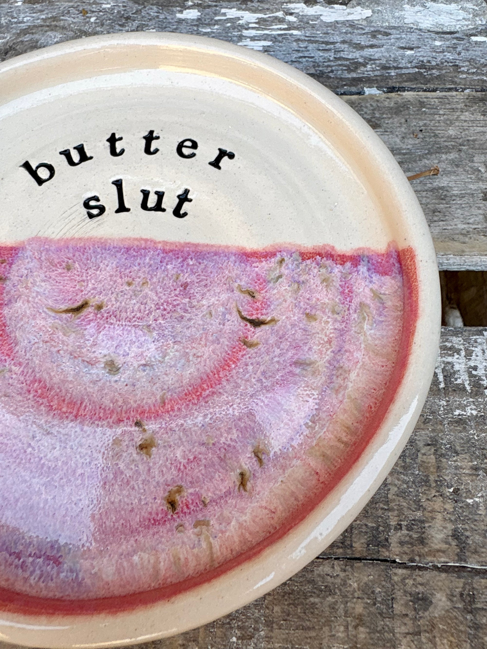 Butter Dish (butter slut, pink, cream clay, knob)