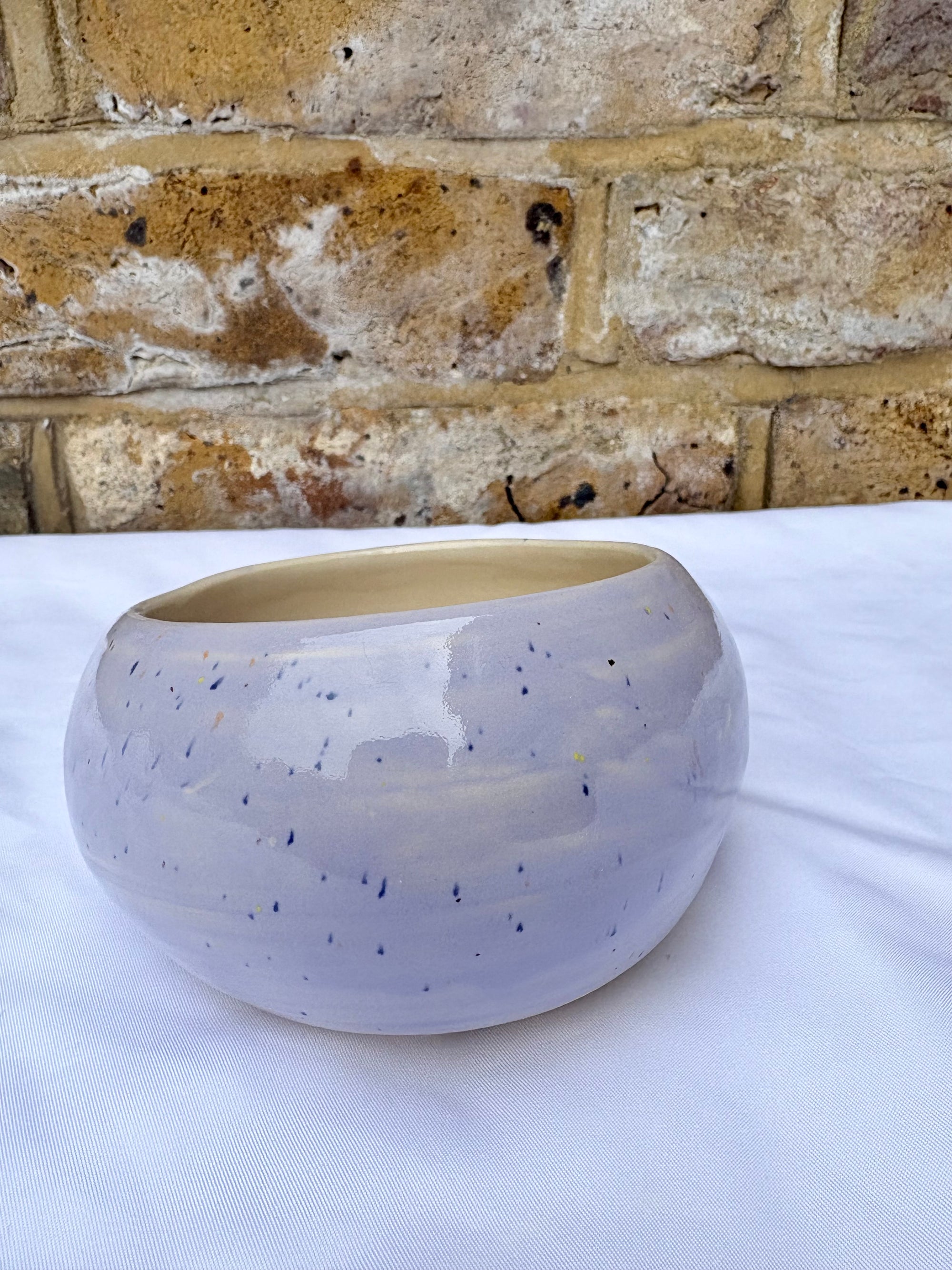 "I'm a very salty piggy" Salt Pig (wheelthrown, lilac speckle glaze)