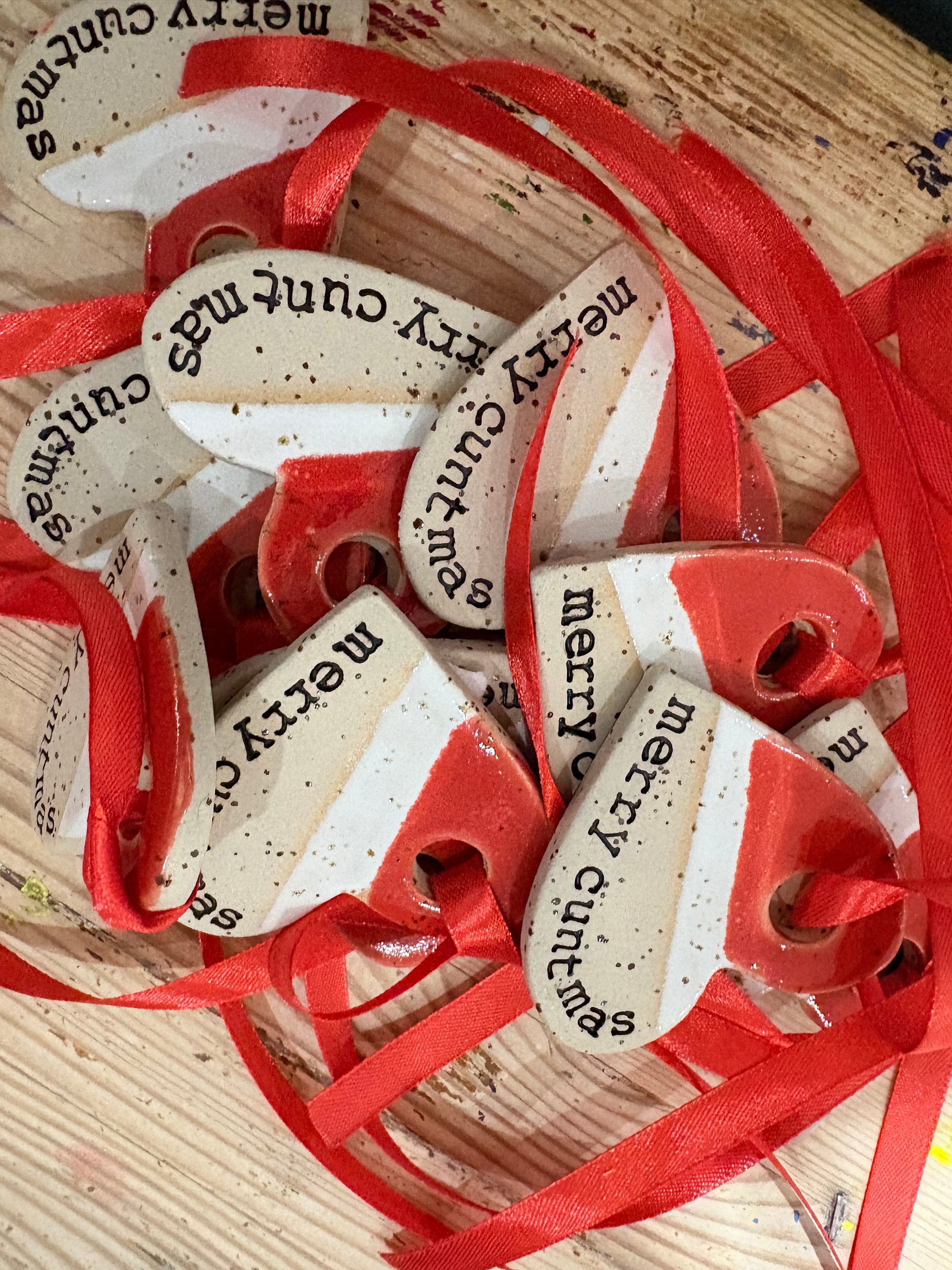 “merry cuntmas” hanging decoration (red and white, large)