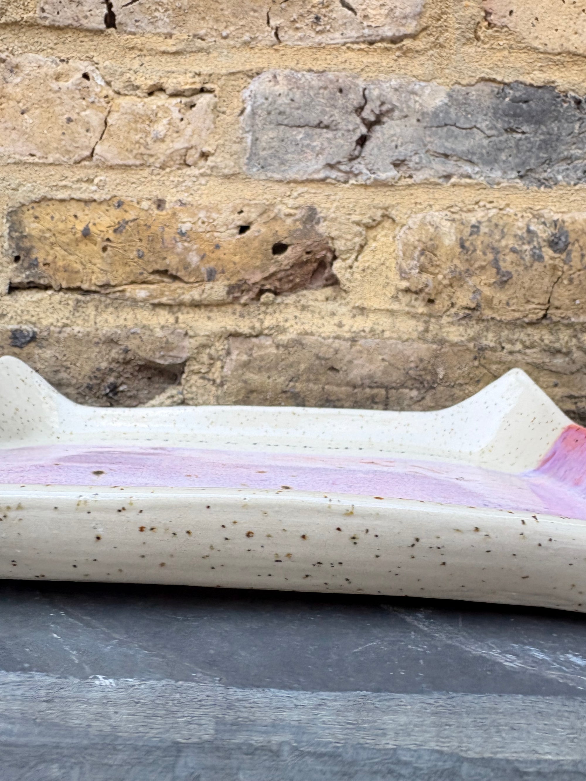 “eat, drink and fuck off by 9pm" rectangular dish (pink, flecked clay)