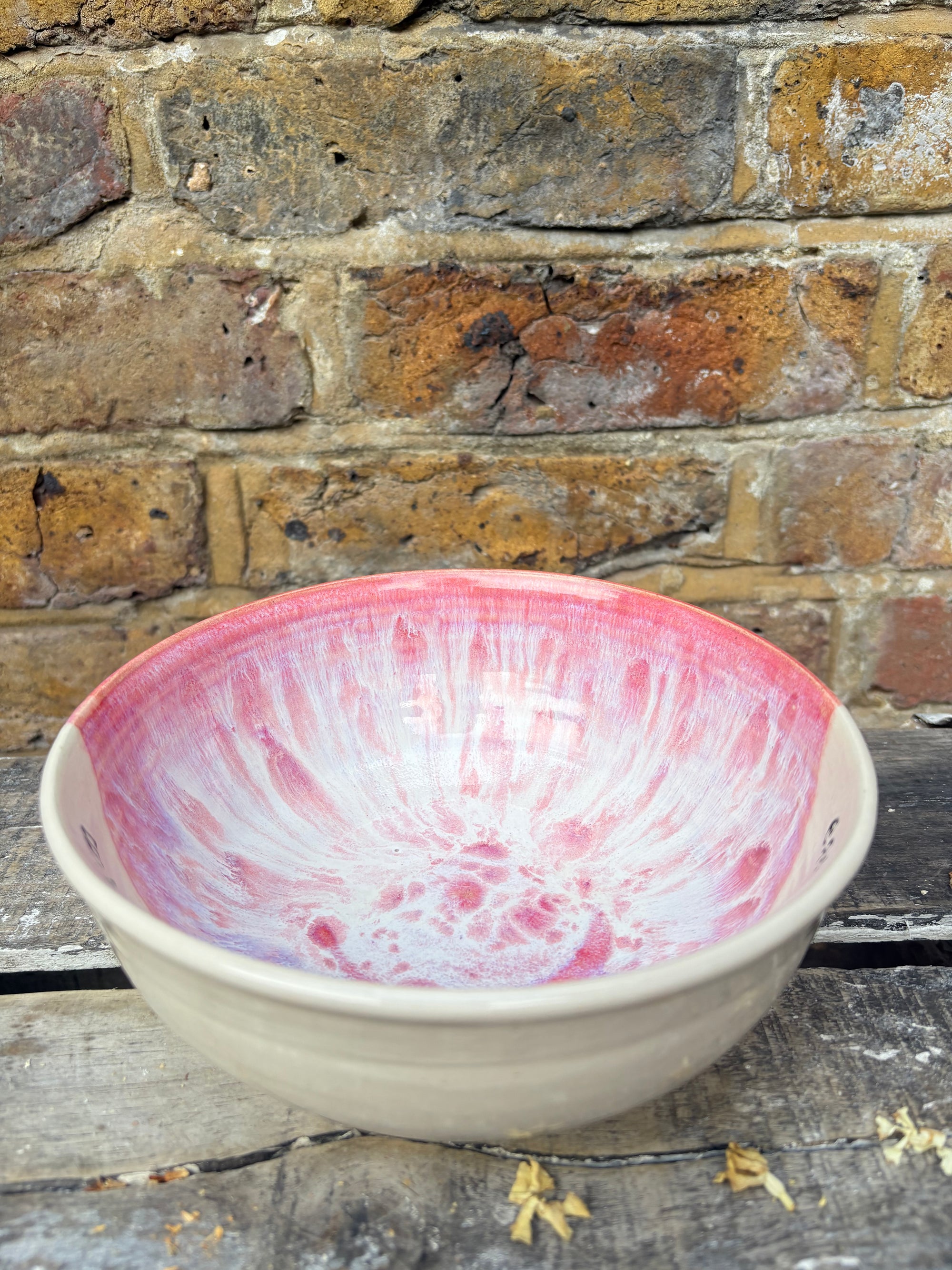 “eat, drink and fuck off by 9pm"  deep round salad/pasta bowl (pink/white, cream clay)