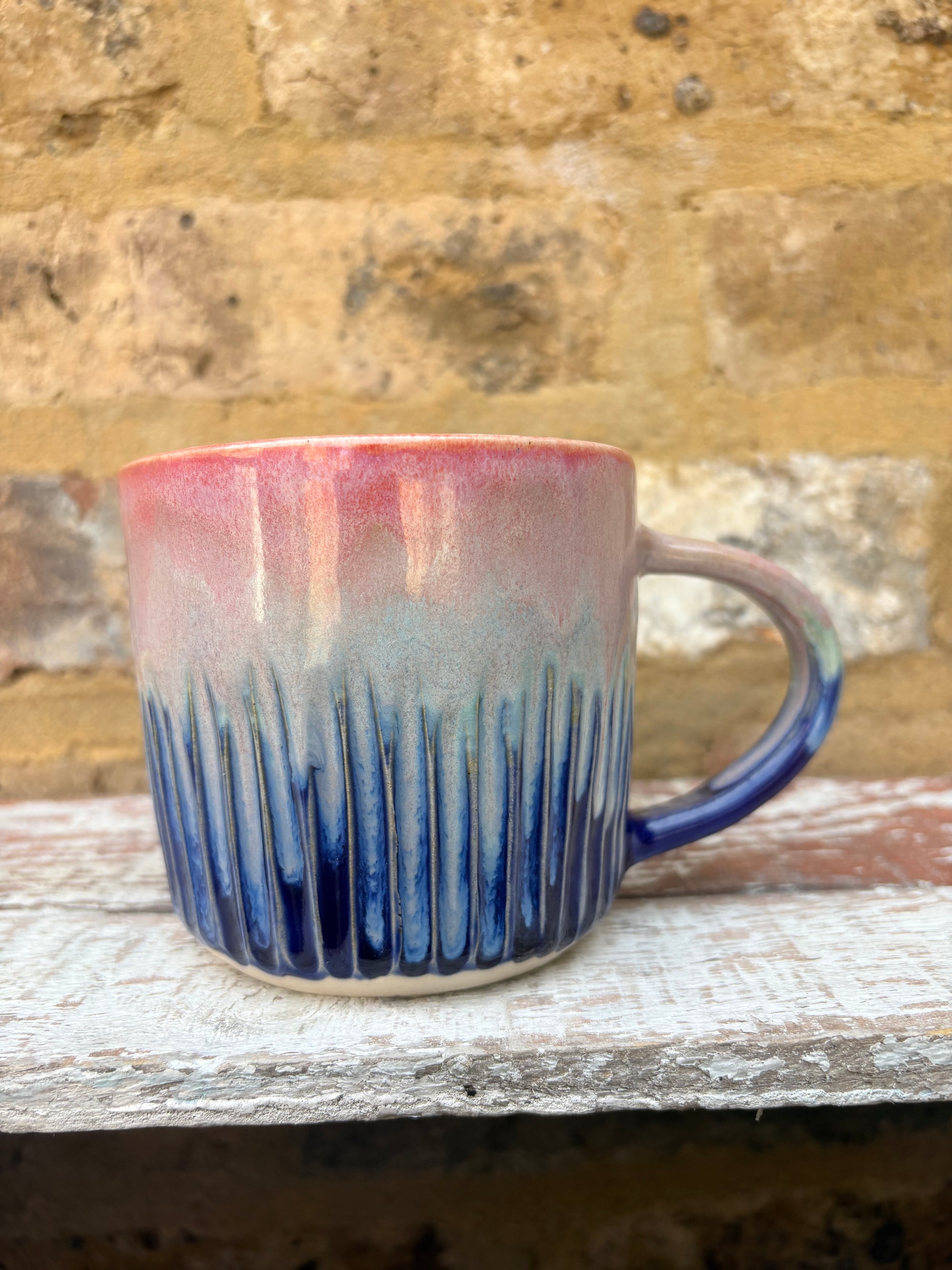 "really happy to be here” "what a bunch of cunts" mug (pink night sky, grooves)