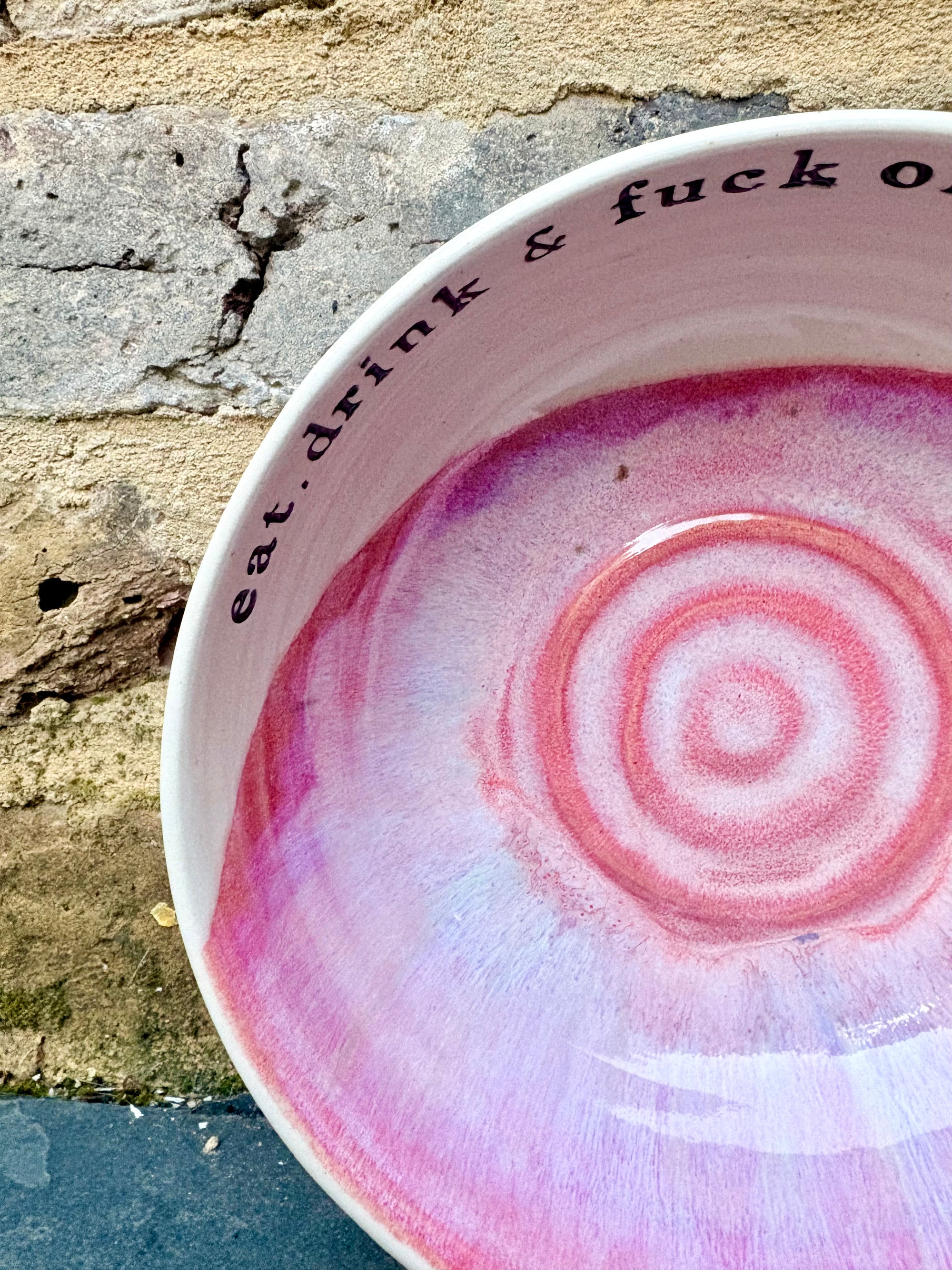 “eat, drink and fuck off by 9pm" round salad/pasta bowl (pink, cream clay)