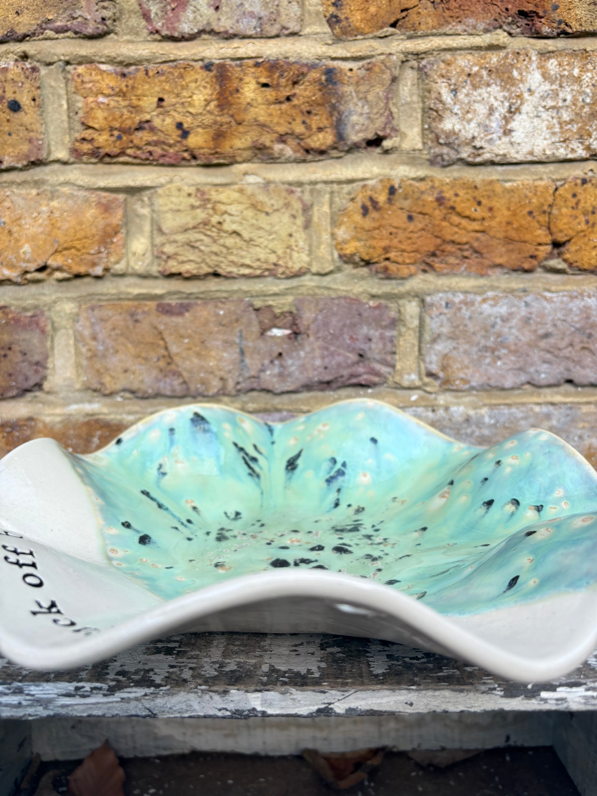 "good food, fine wine, great company..." salad/serving dish (creamy mint green)