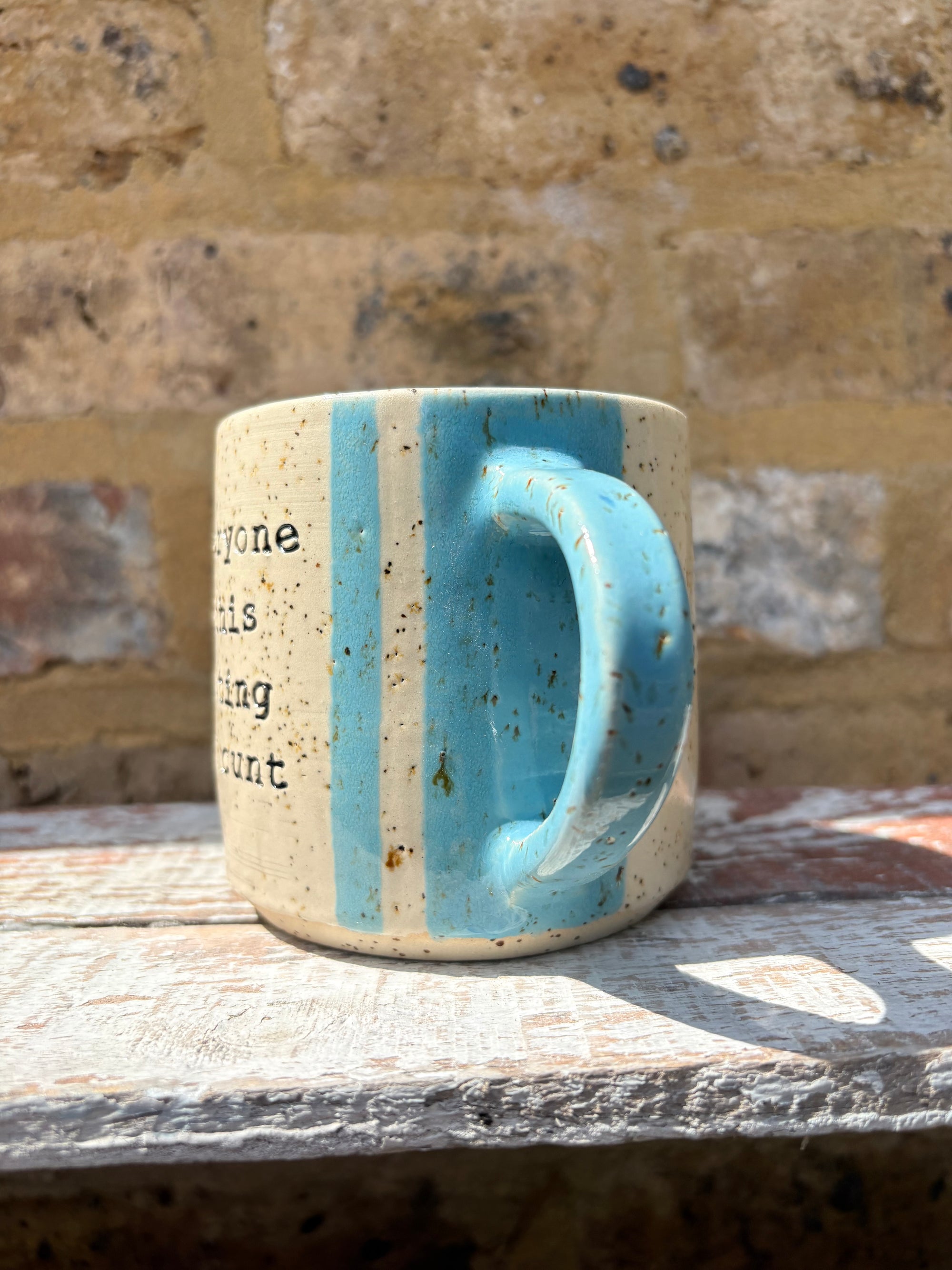 "I 💙 MEETINGS” "everyone in this meeting is a cunt" mug (blue stripes)