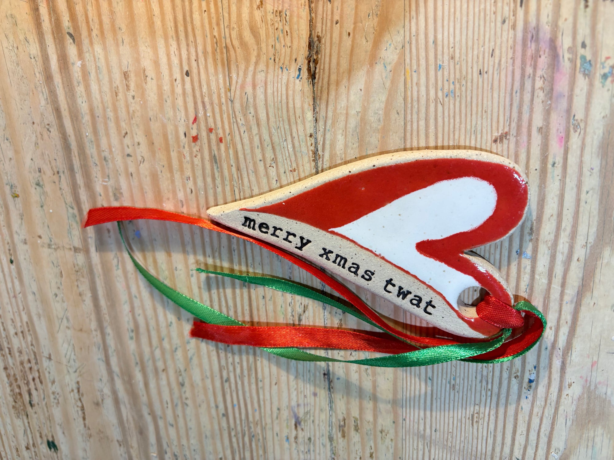 “merry xmas twat” hanging decoration (red and white, large)