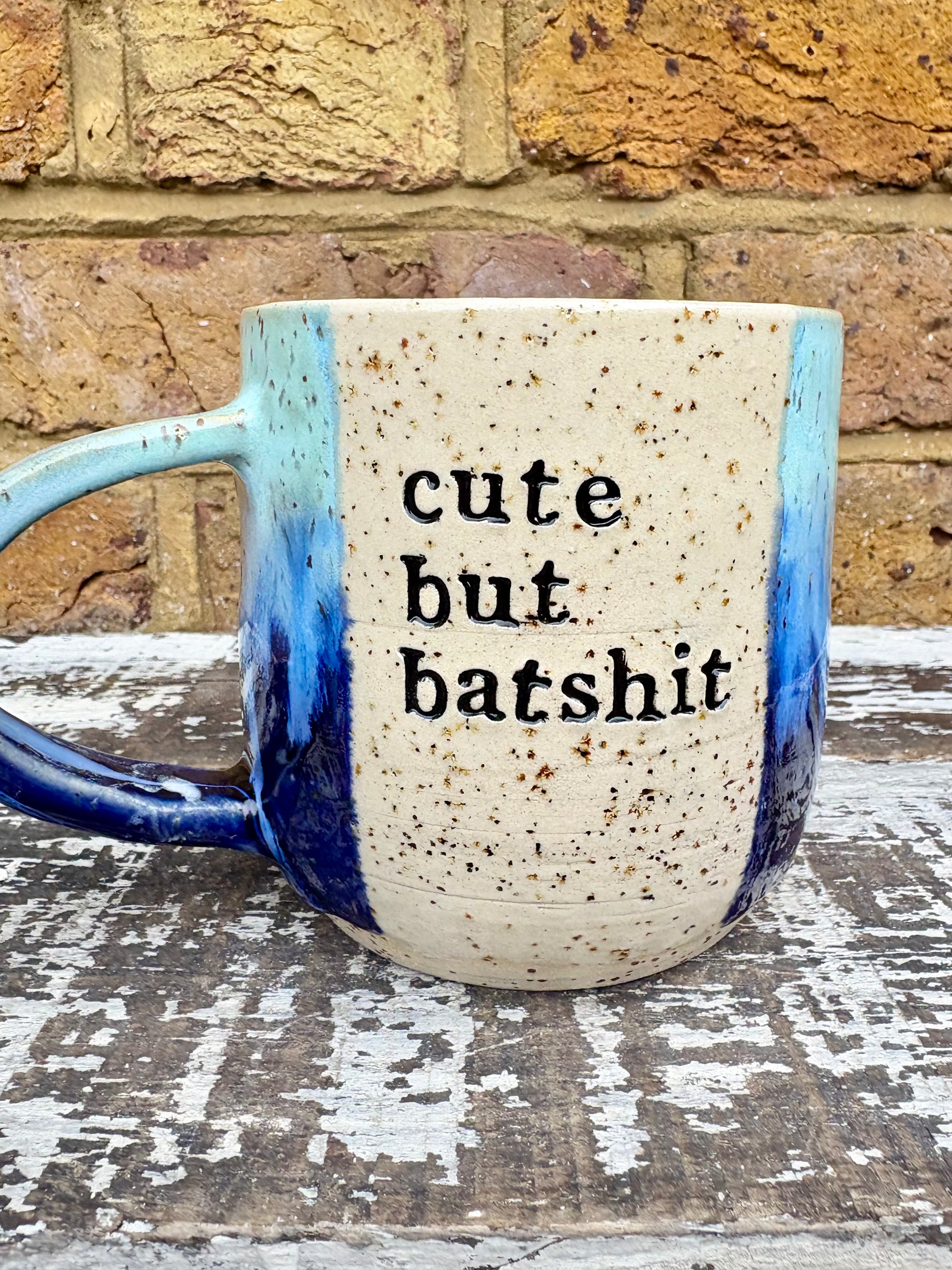 "cute but bat shit" mug