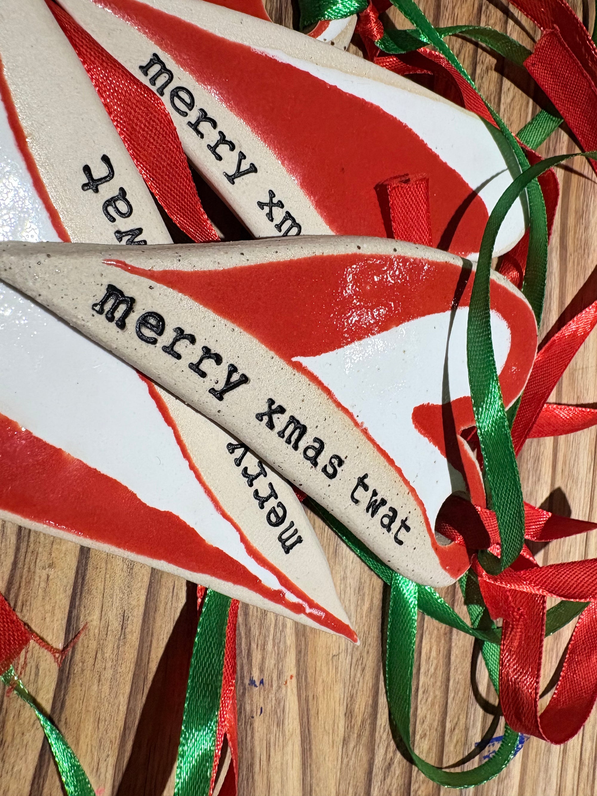 “merry xmas twat” hanging decoration (red and white, large)