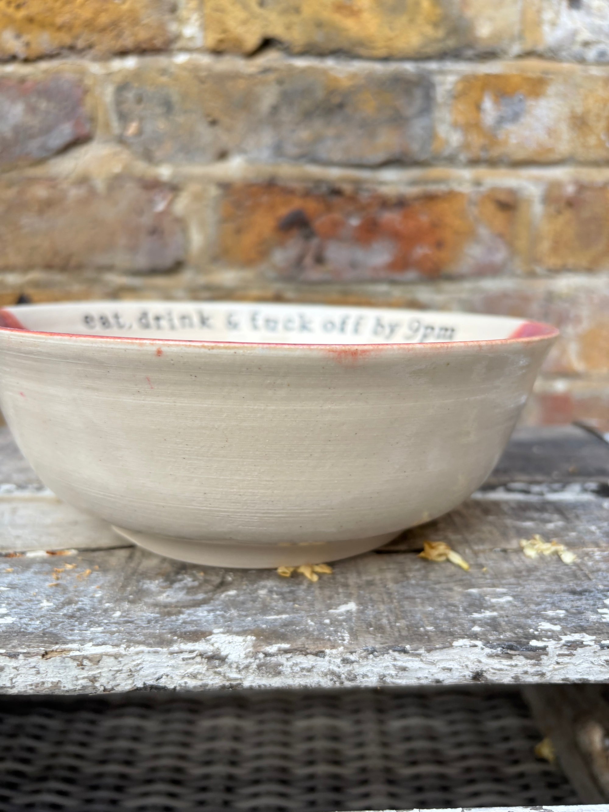 “eat, drink and fuck off by 9pm"  deep round salad/pasta bowl (pink/white, cream clay)