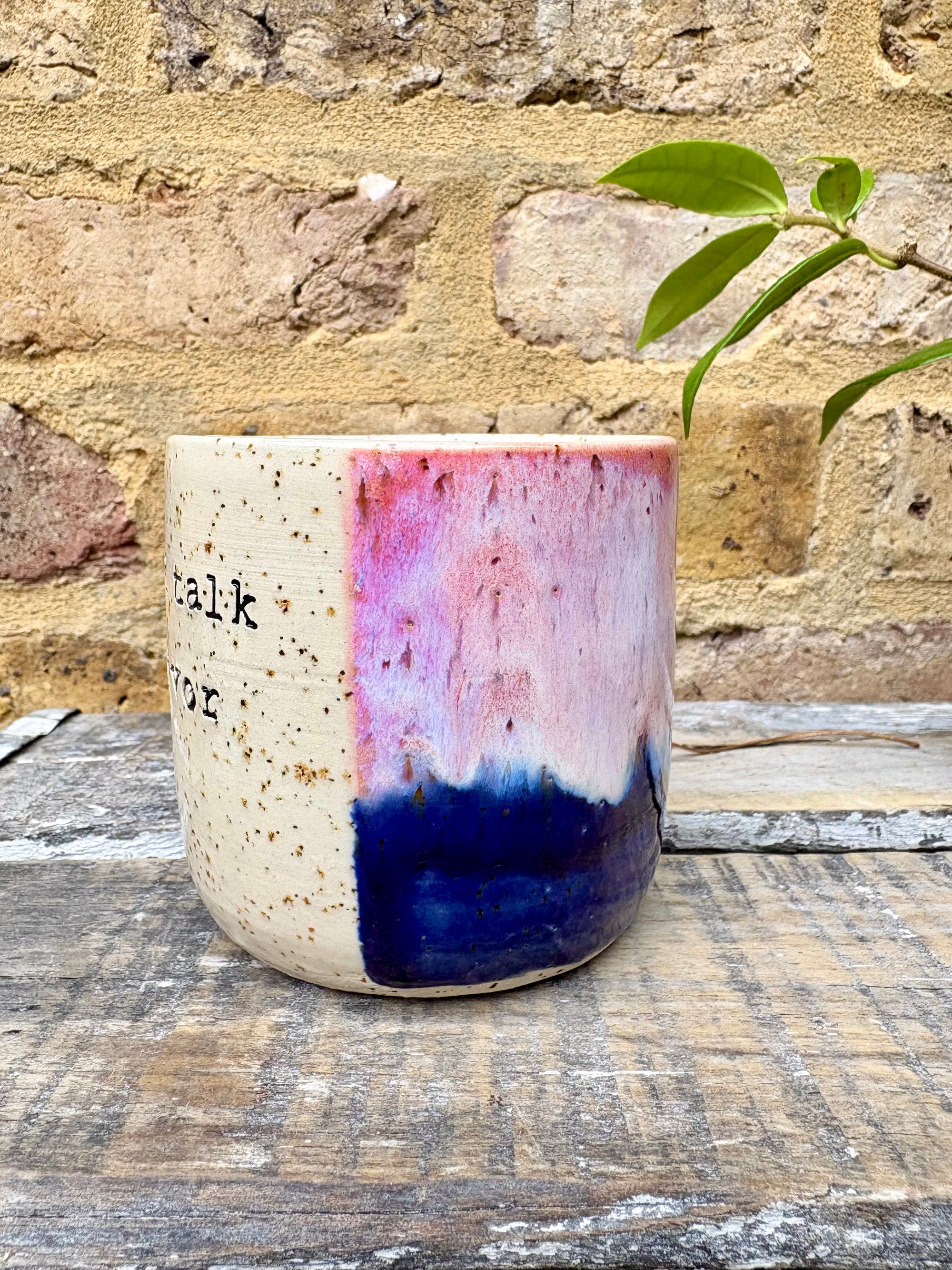Small Talk Survivor mug (pink/blue)