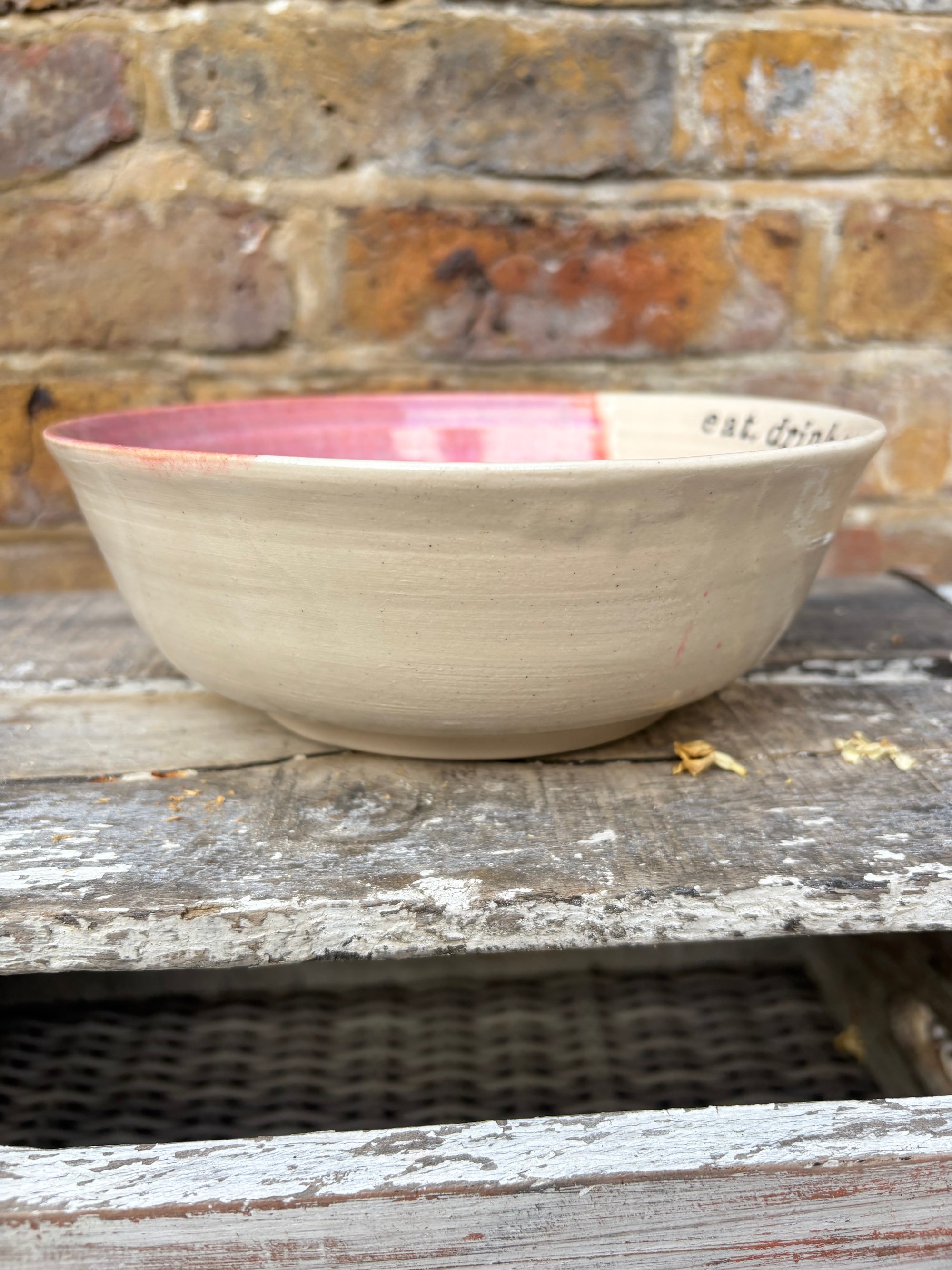 “eat, drink and fuck off by 9pm"  deep round salad/pasta bowl (pink/white, cream clay)