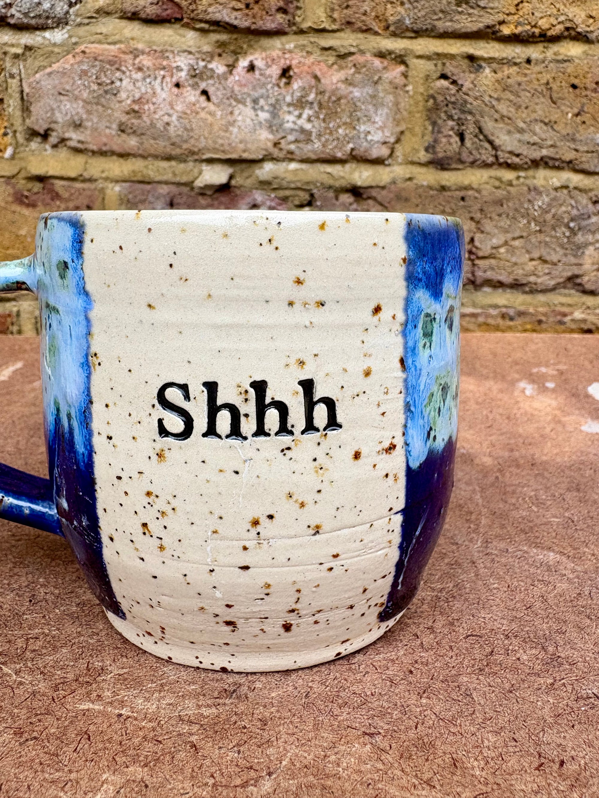 "shhh" mug (Blue and Green Speckle)
