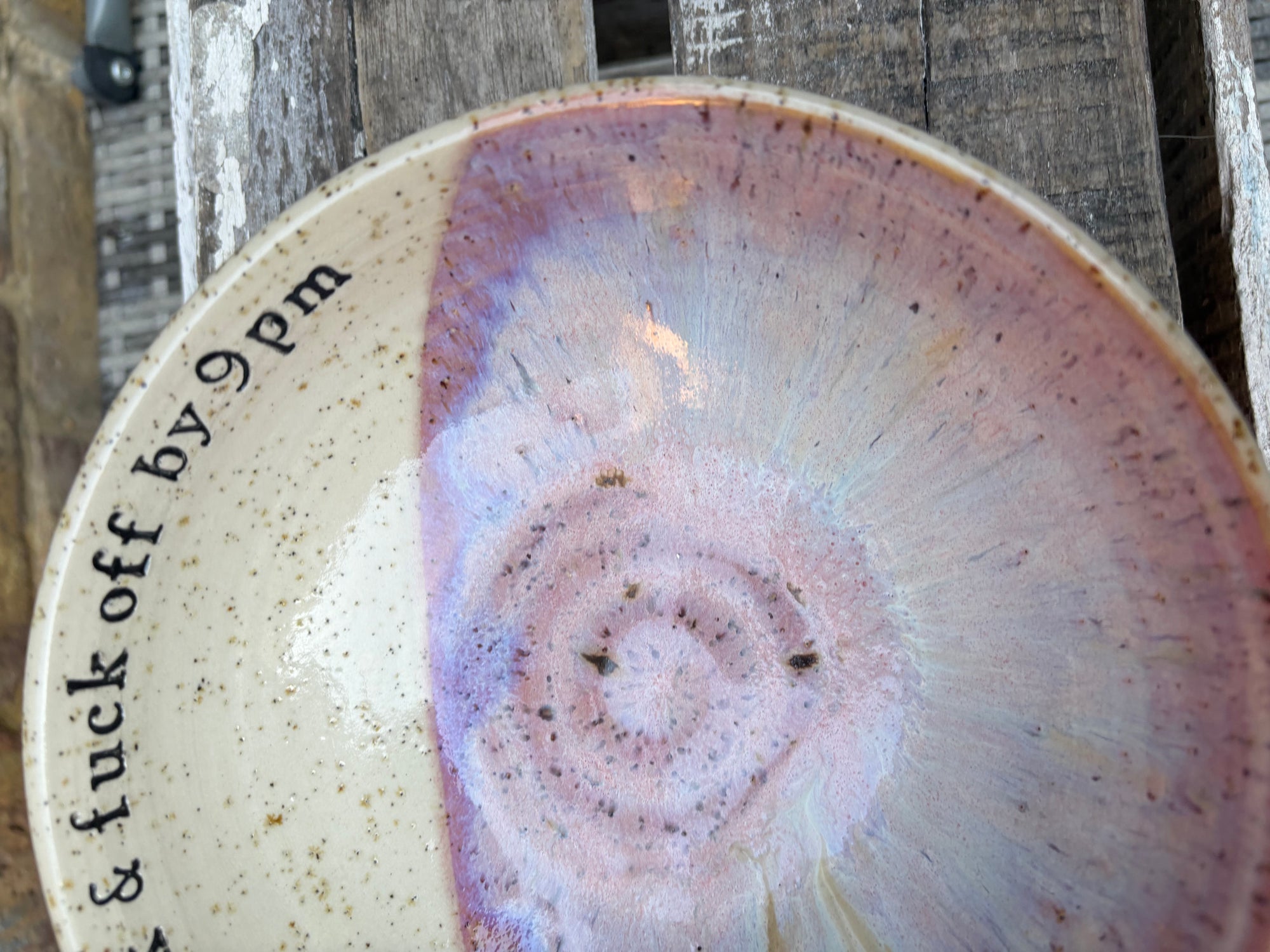 “eat, drink and fuck off by 9pm"  deep round salad/pasta bowl (lilac, flecked clay)