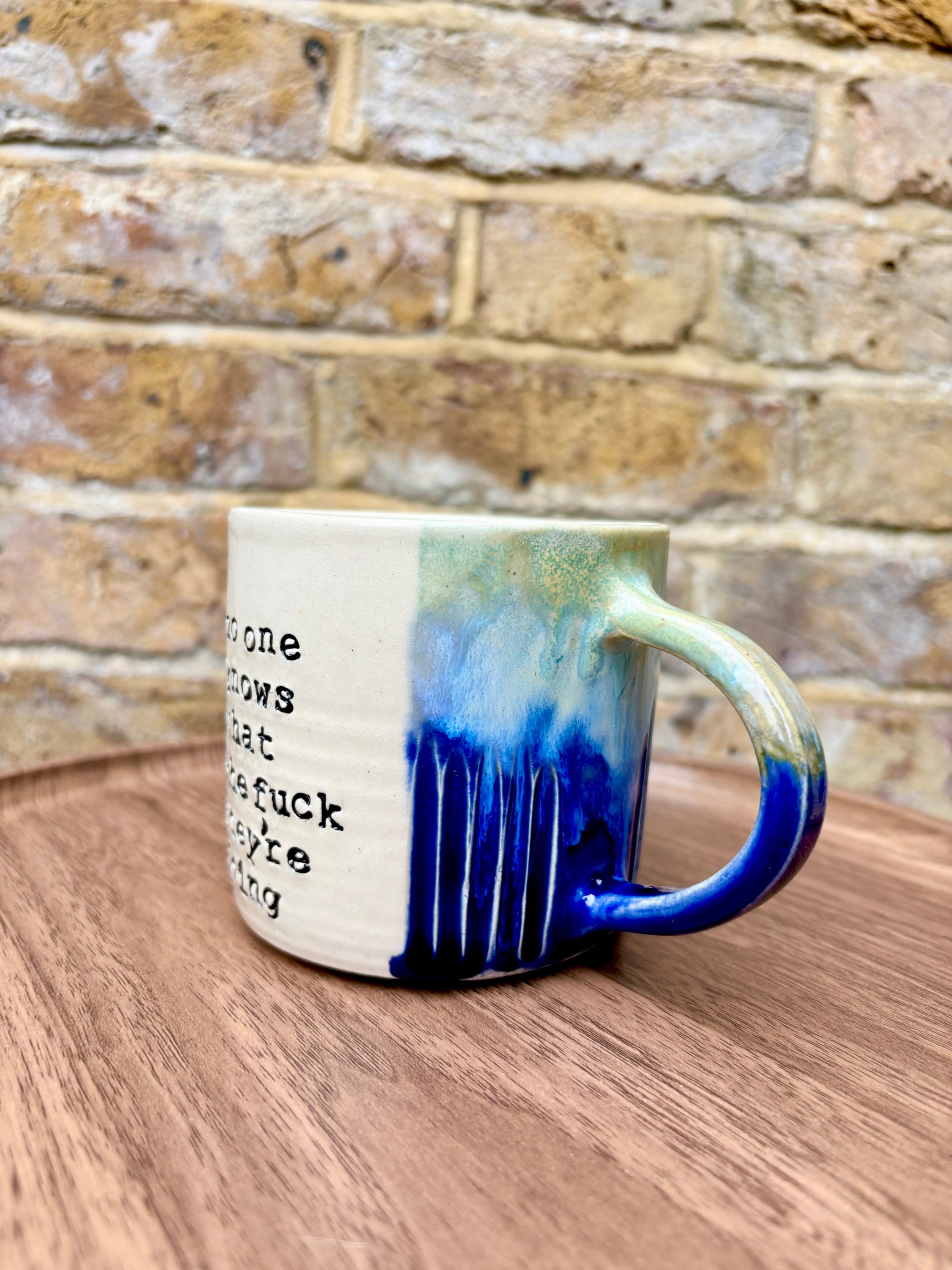 "no one knows what the fuck they're doing" mug (320ml, blue/green)