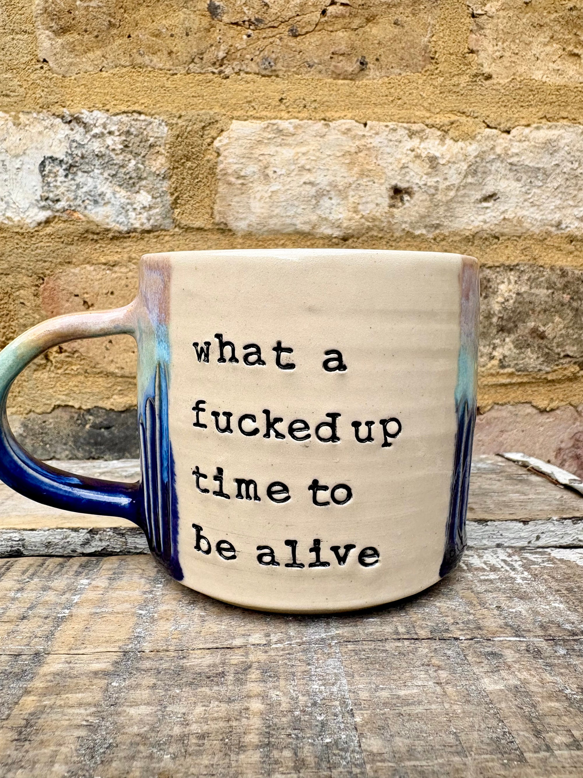“what a fucked up time to be alive" mug (blue/ pink night sky)