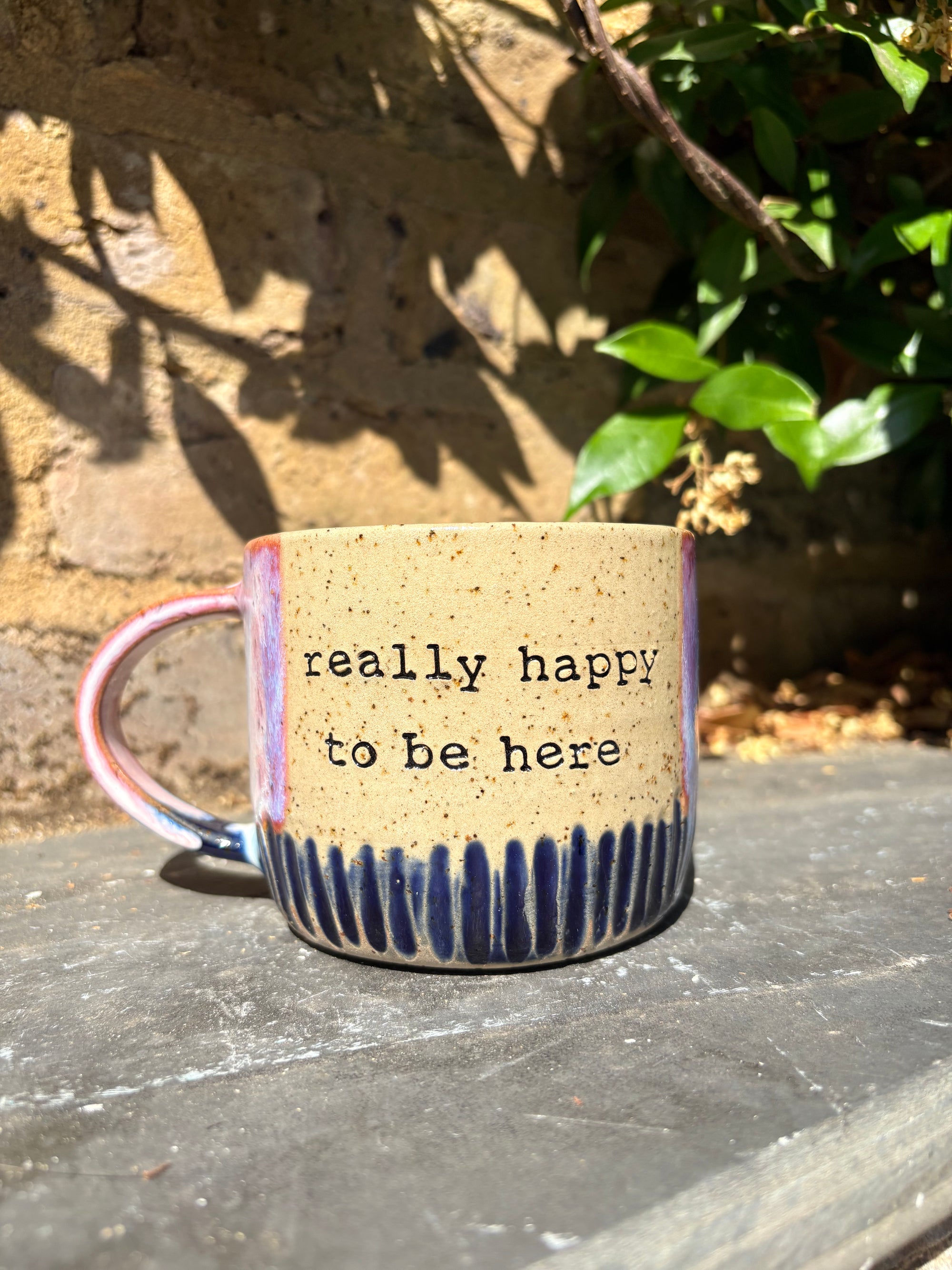 "really happy to be here” "what a bunch of cunts" mug (pink blue grooves, 380ml)