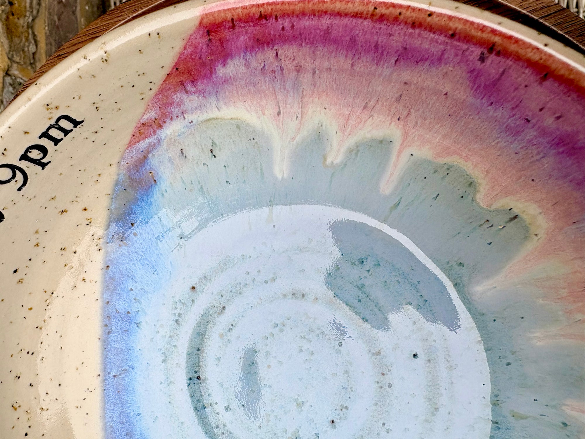 “eat, drink and fuck off by 9pm" round salad/pasta bowl (pastels, flecked clay)