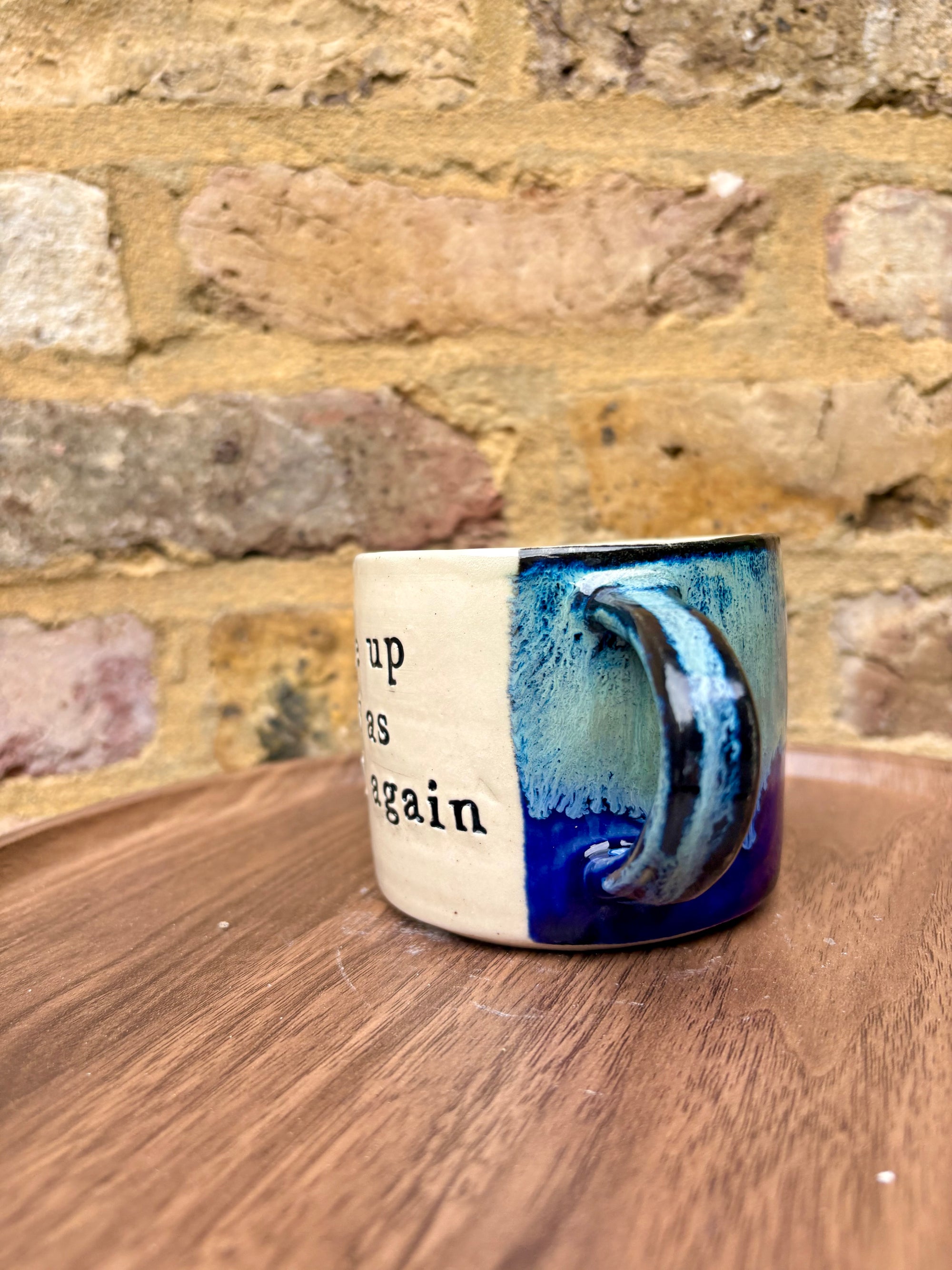 “woke up sexy as hell again” mug (blue shore)
