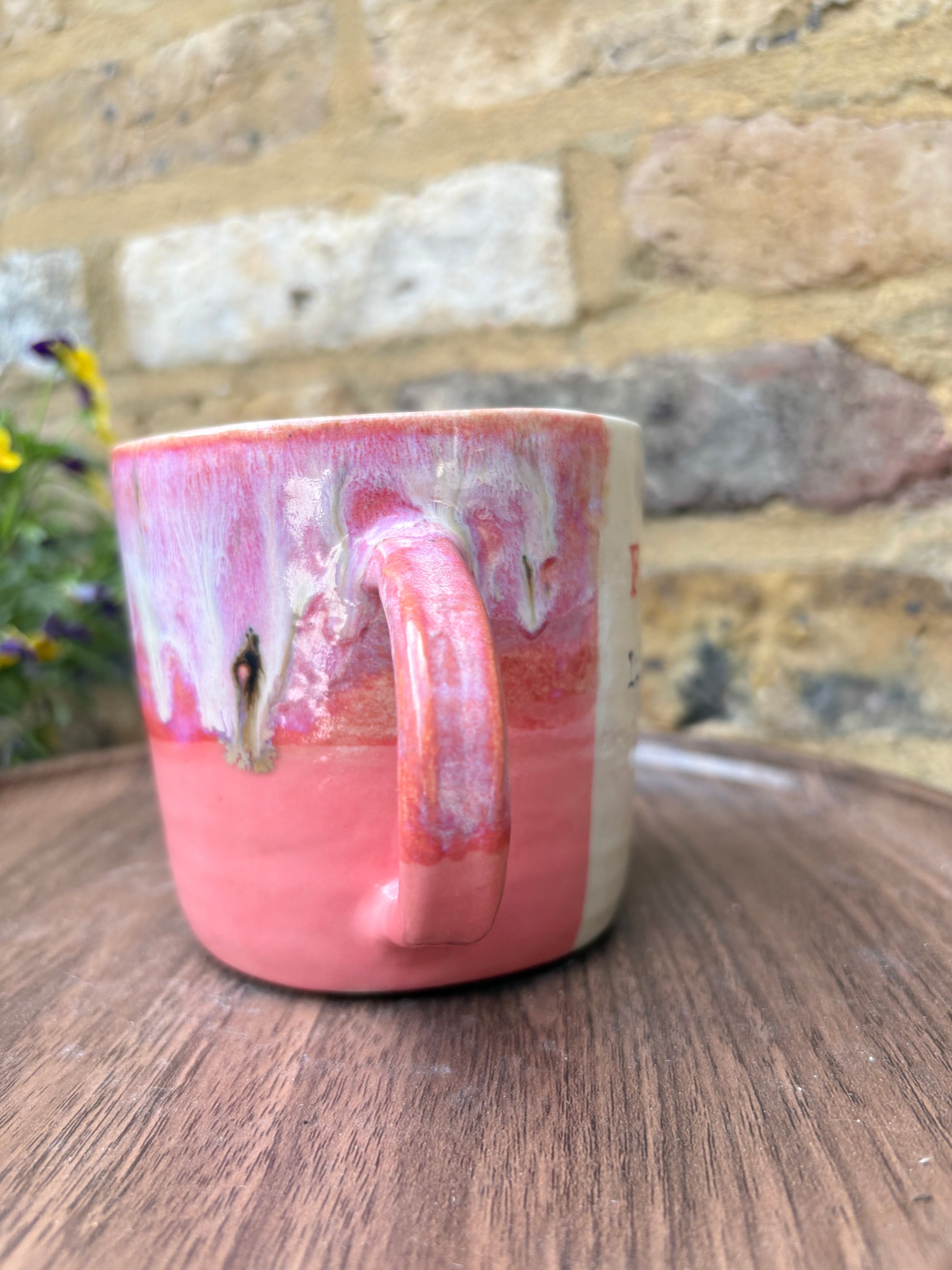 "FRAGILE like a fucking bomb" mug (pink wood, cream clay)