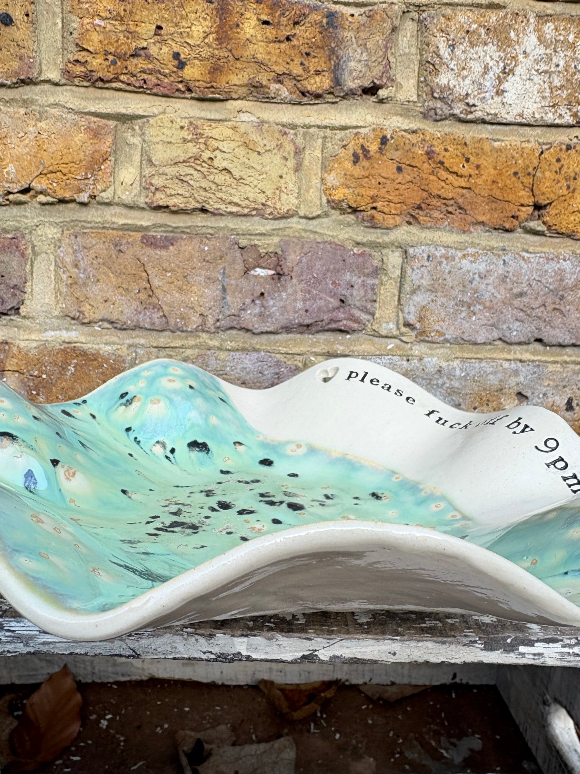 "good food, fine wine, great company..." salad/serving dish (creamy mint green)