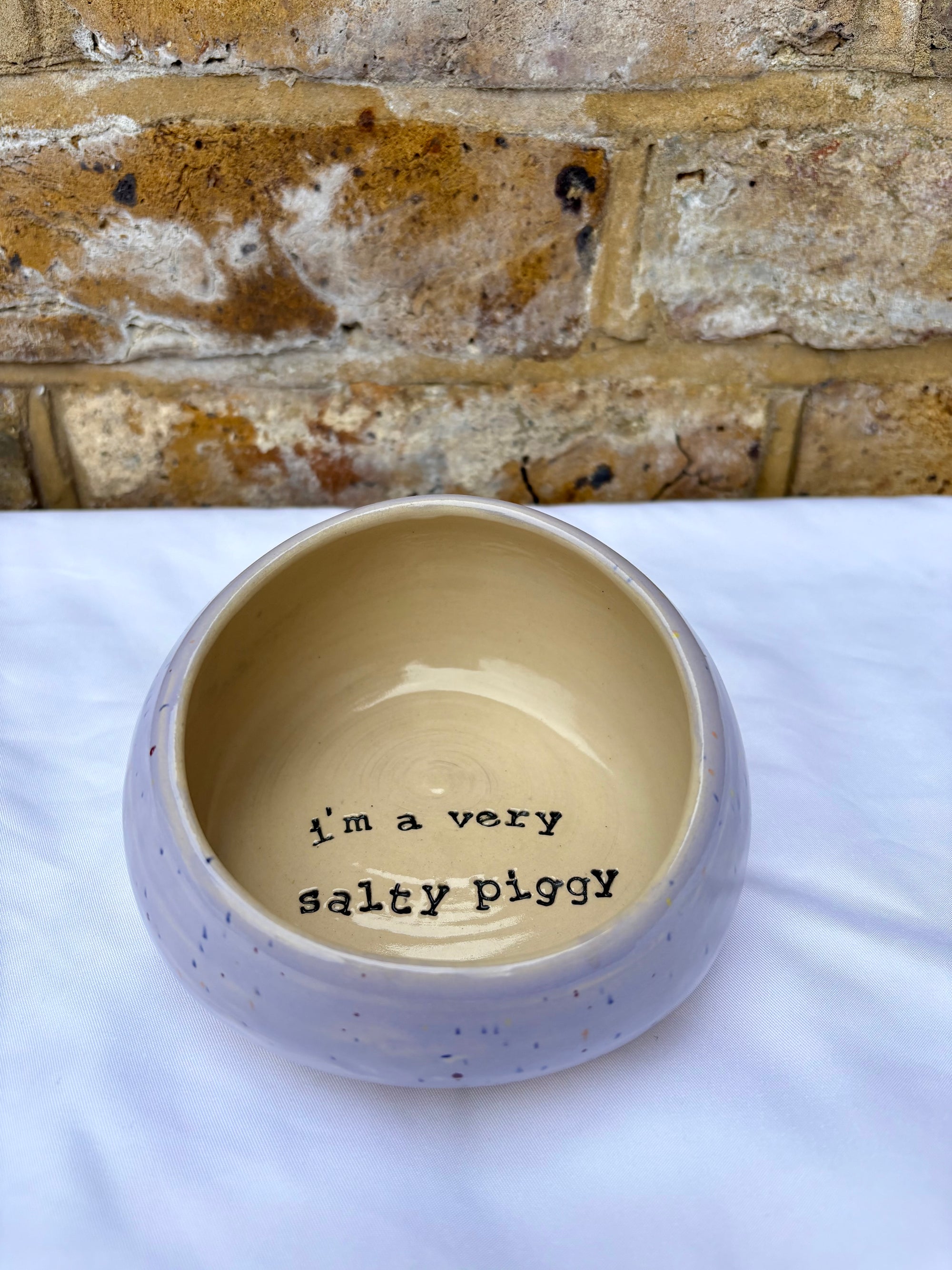 "I'm a very salty piggy" Salt Pig (wheelthrown, lilac speckle glaze)