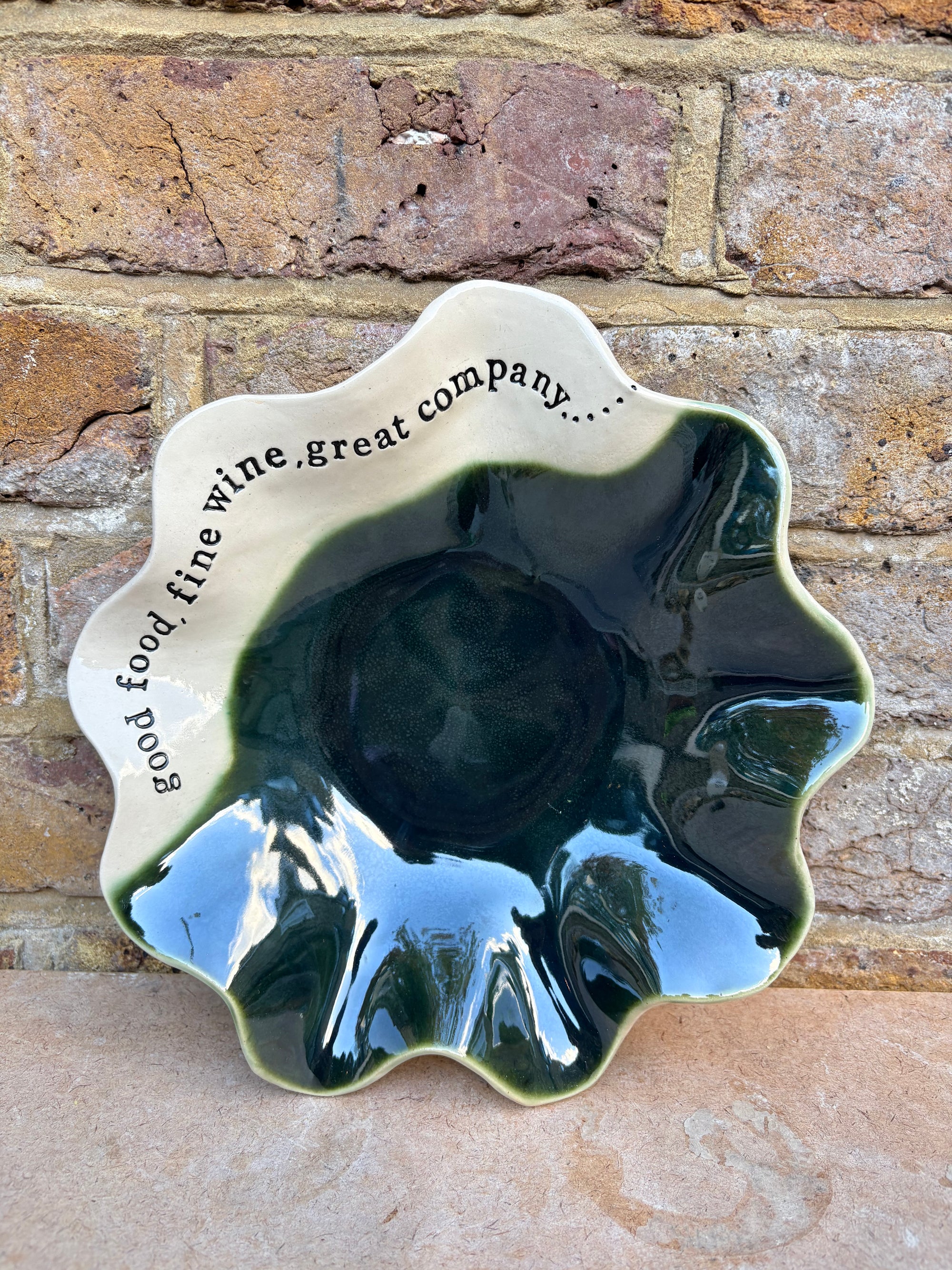 "good food, fine wine, good company..." dish (emerald)