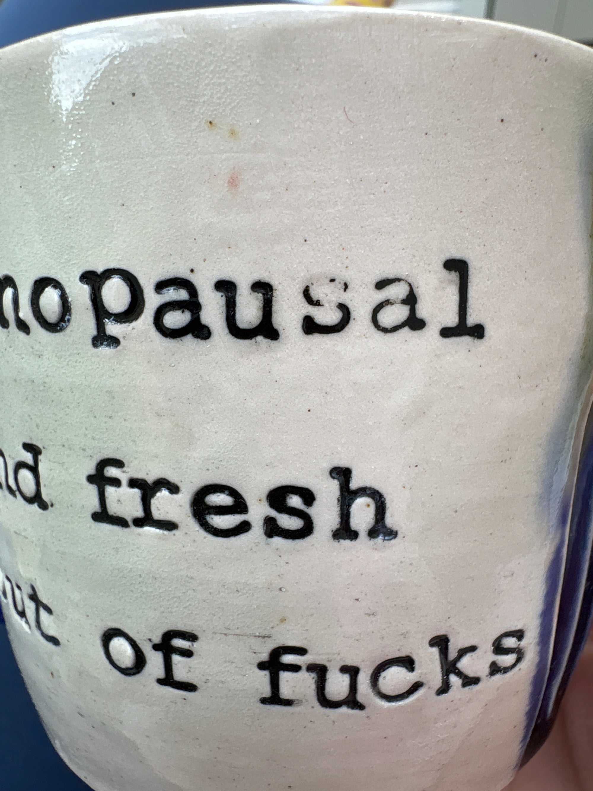 "menopausal and fresh out of fucks" mug (green/blue/ seconds)