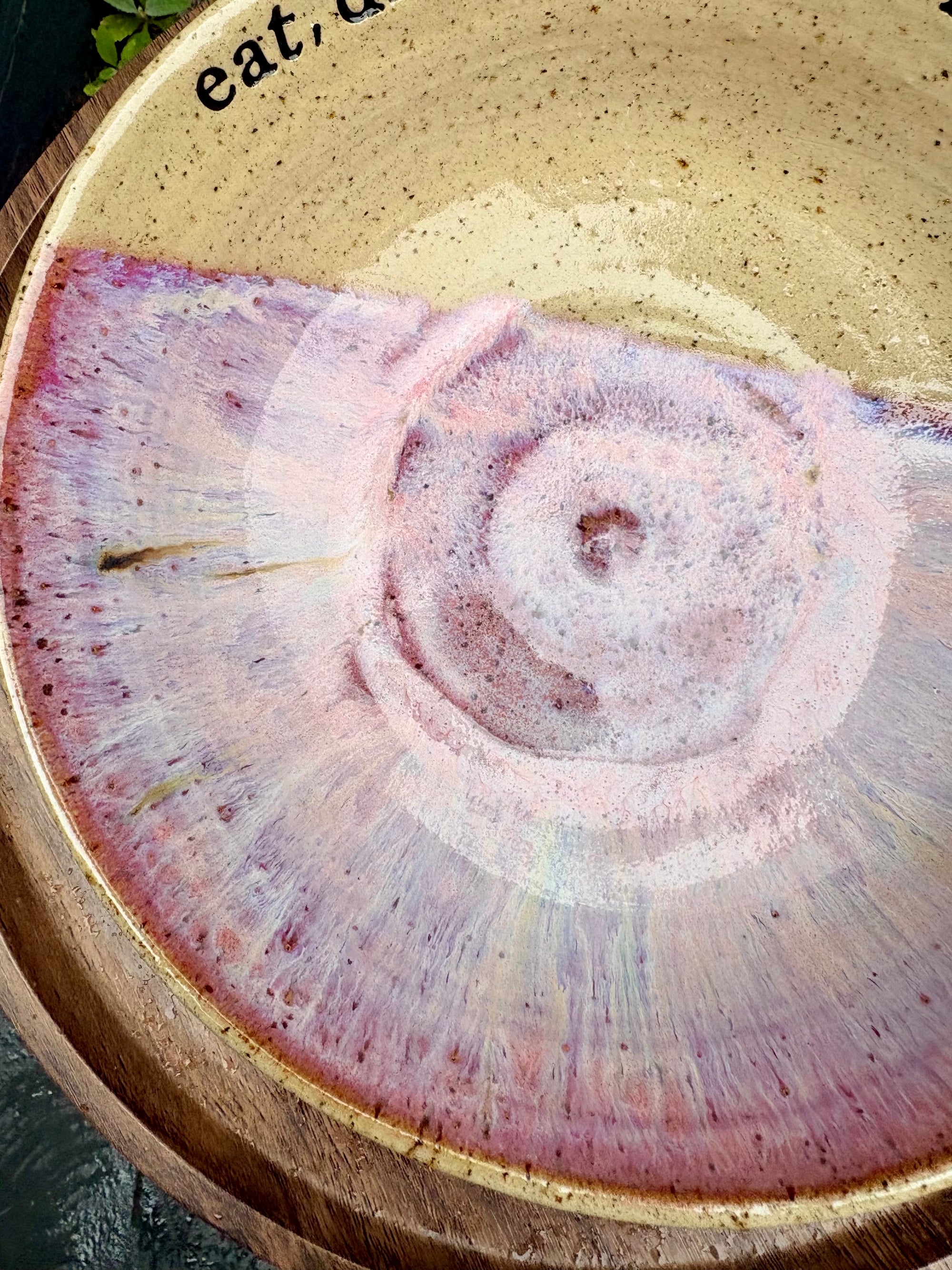 “eat, drink and fuck off by 9pm"  deep round salad/pasta bowl (pink, dark flecked clay)
