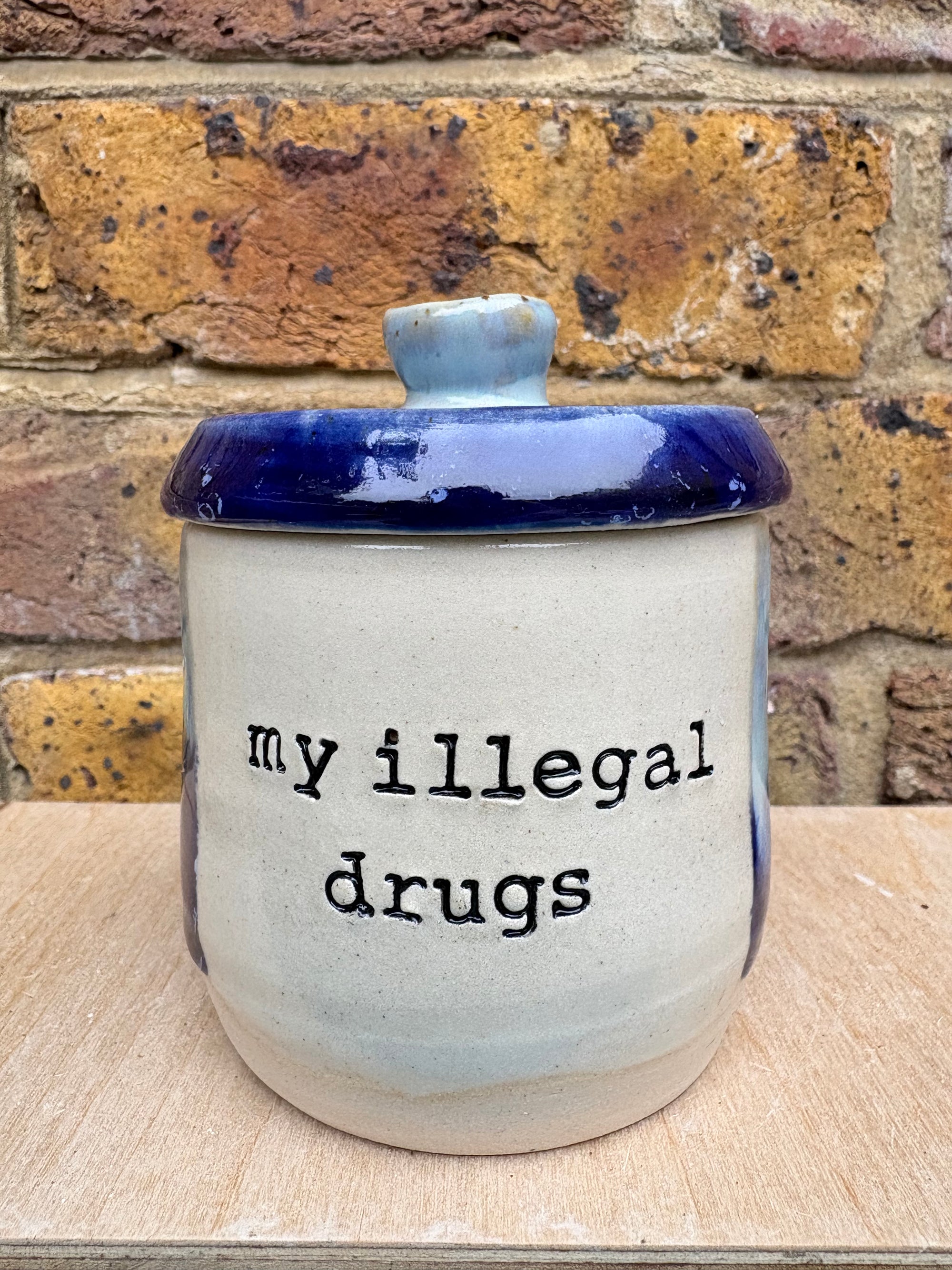 “my illegal drugs" lidded pot (blue night sky)