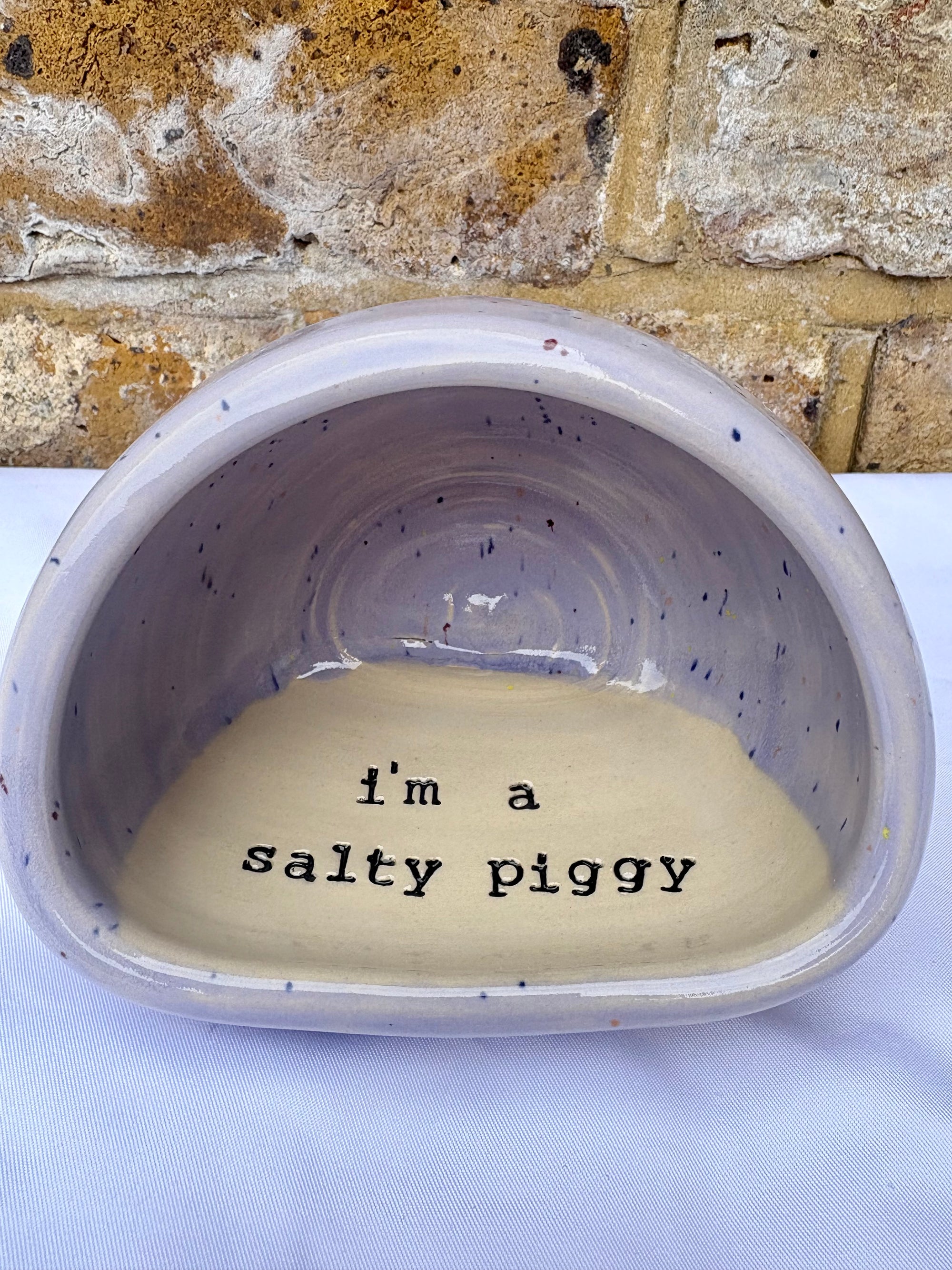 "I'm a salty piggy" Salt Pig (wheelthrown, lilac speckle glaze)