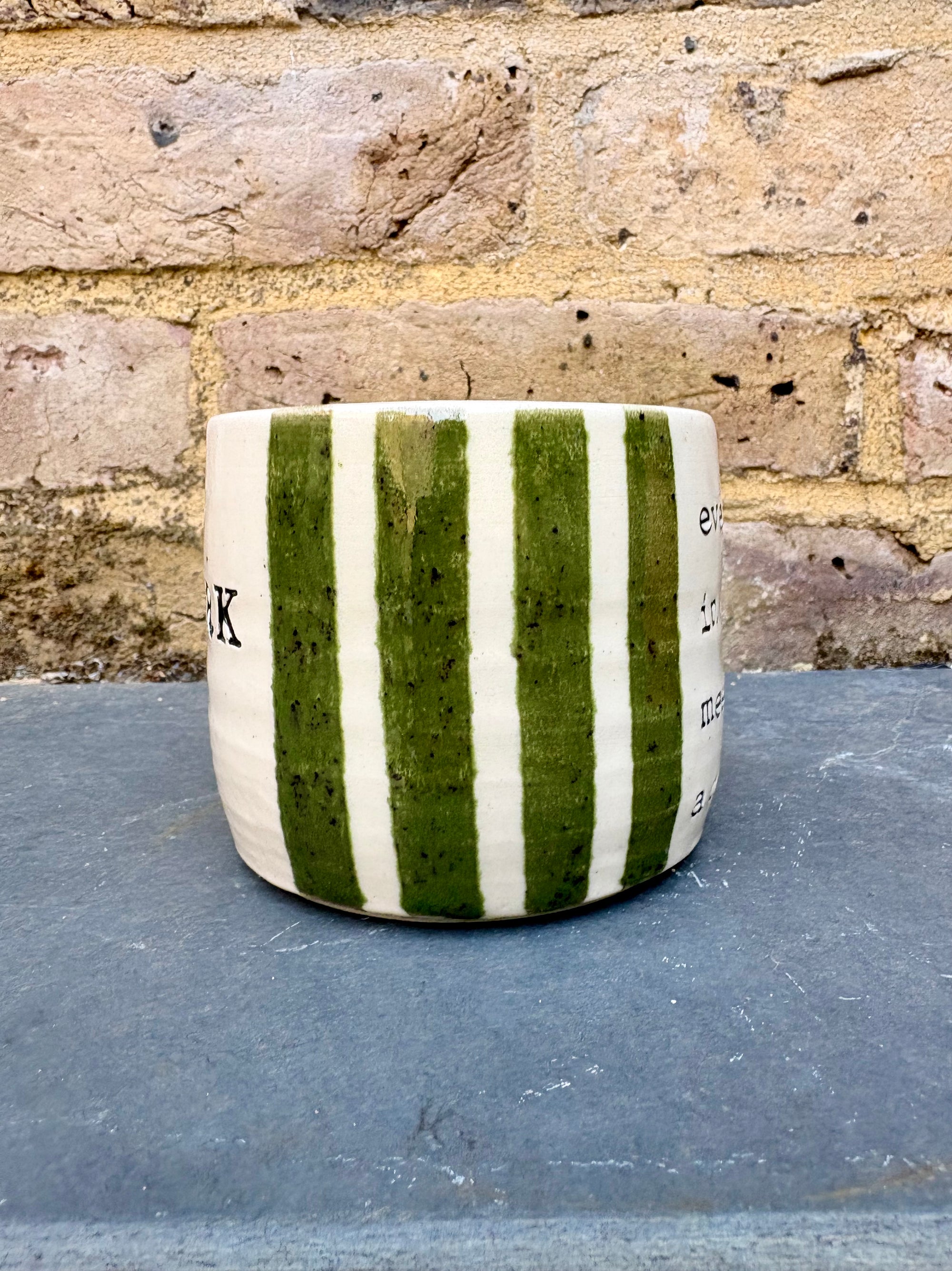 "I 💚 WORK” "everyone in this meeting is a cunt" mug (green stripes)