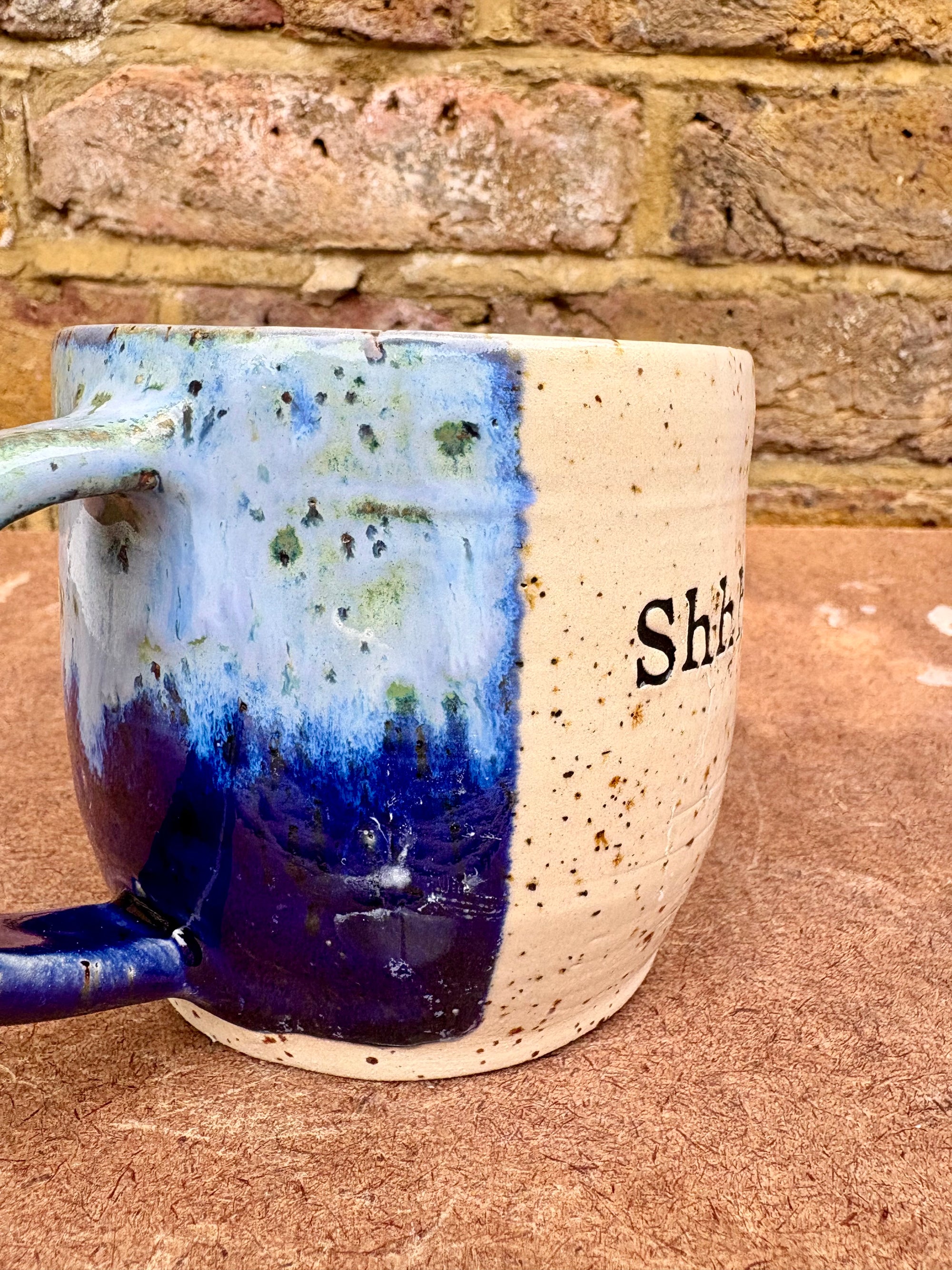 "shhh" mug (Blue and Green Speckle)