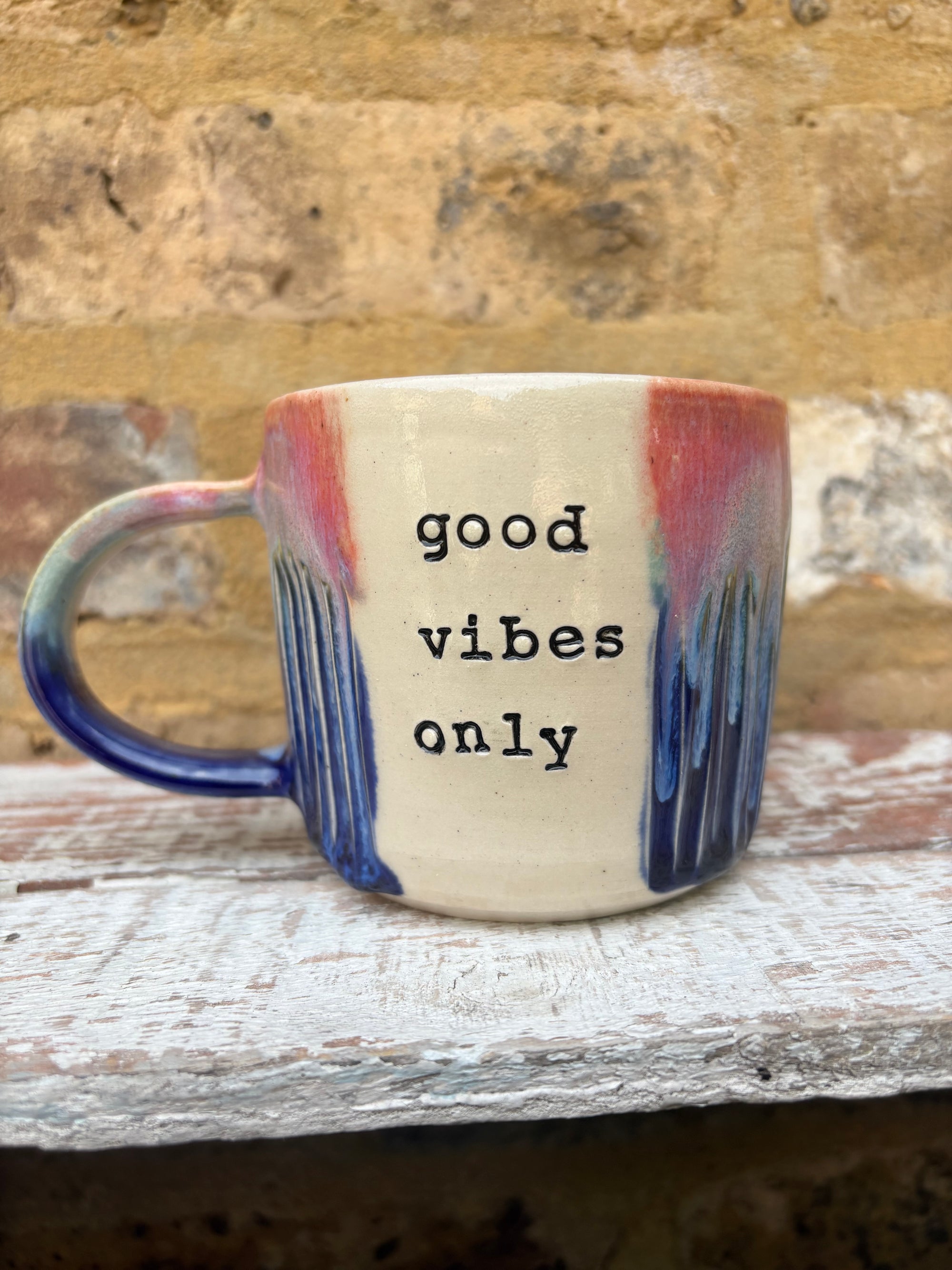 “good vibes only" "fuck off" mug (pink night sky)