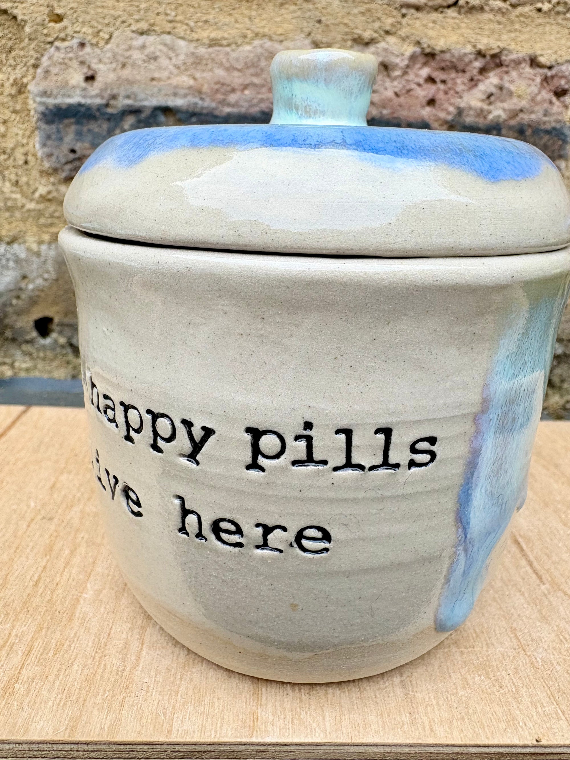 "my happy pills live here" lidded pot (oyster blue)