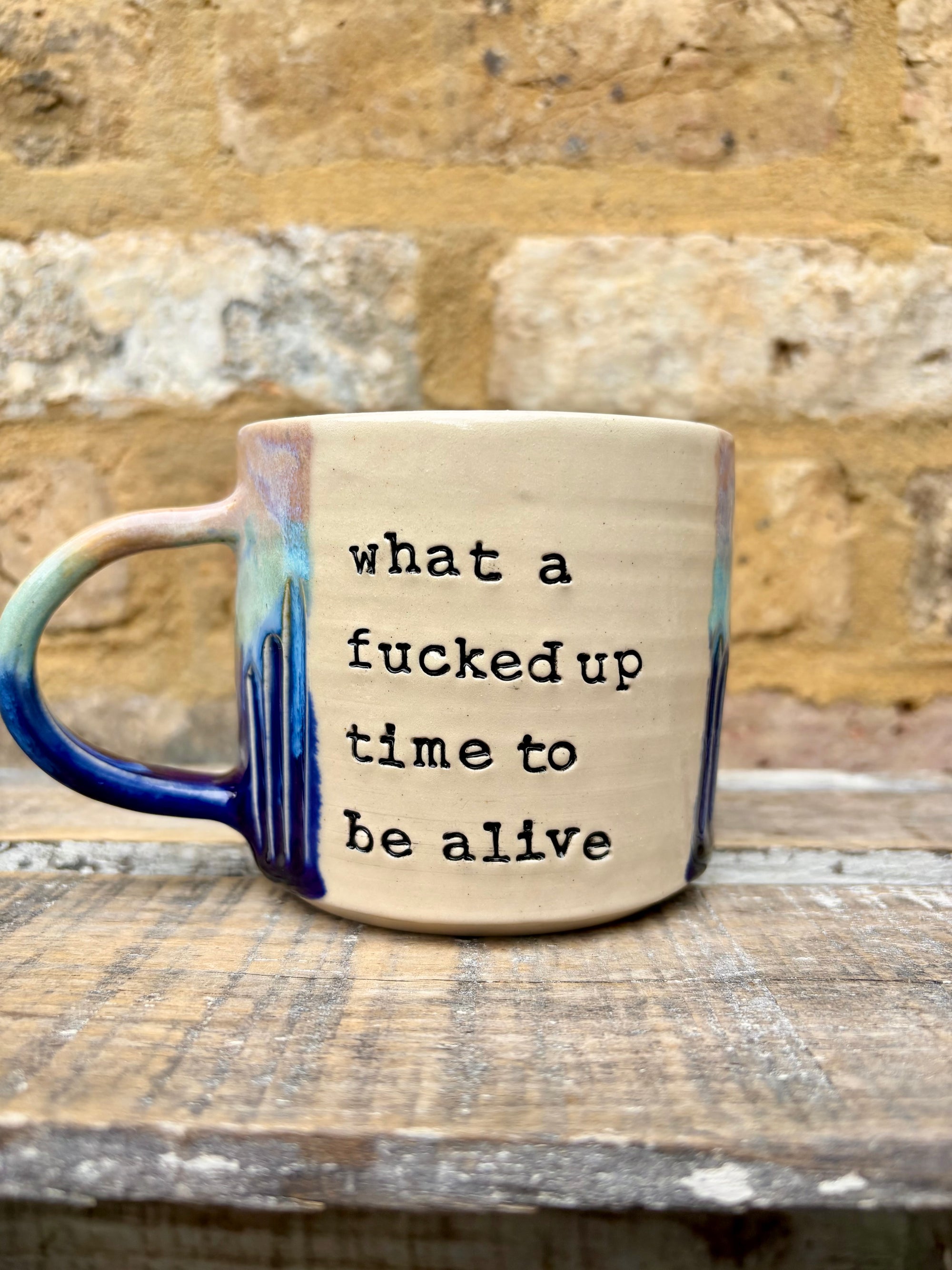 “what a fucked up time to be alive" mug (blue/ pink night sky)