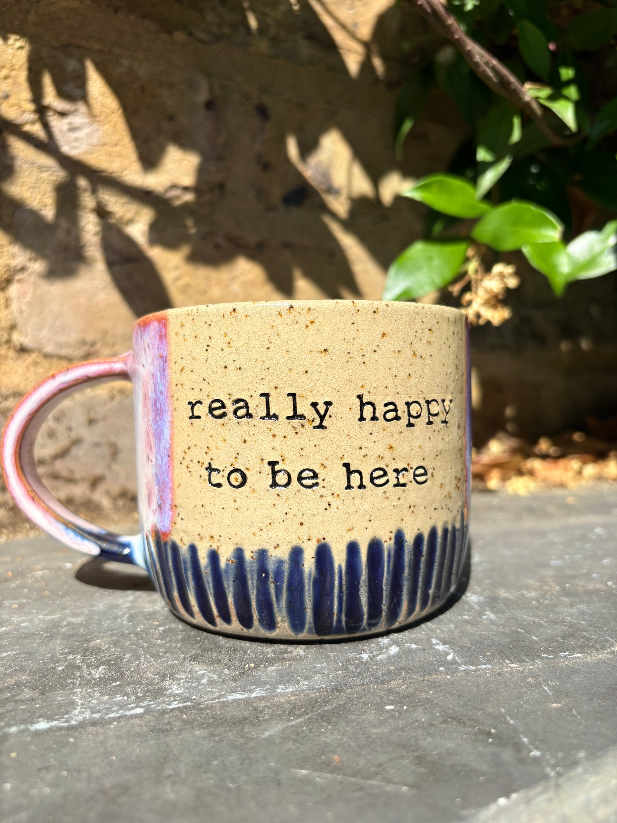 "really happy to be here” "what a bunch of cunts" mug (pink blue grooves, 380ml)