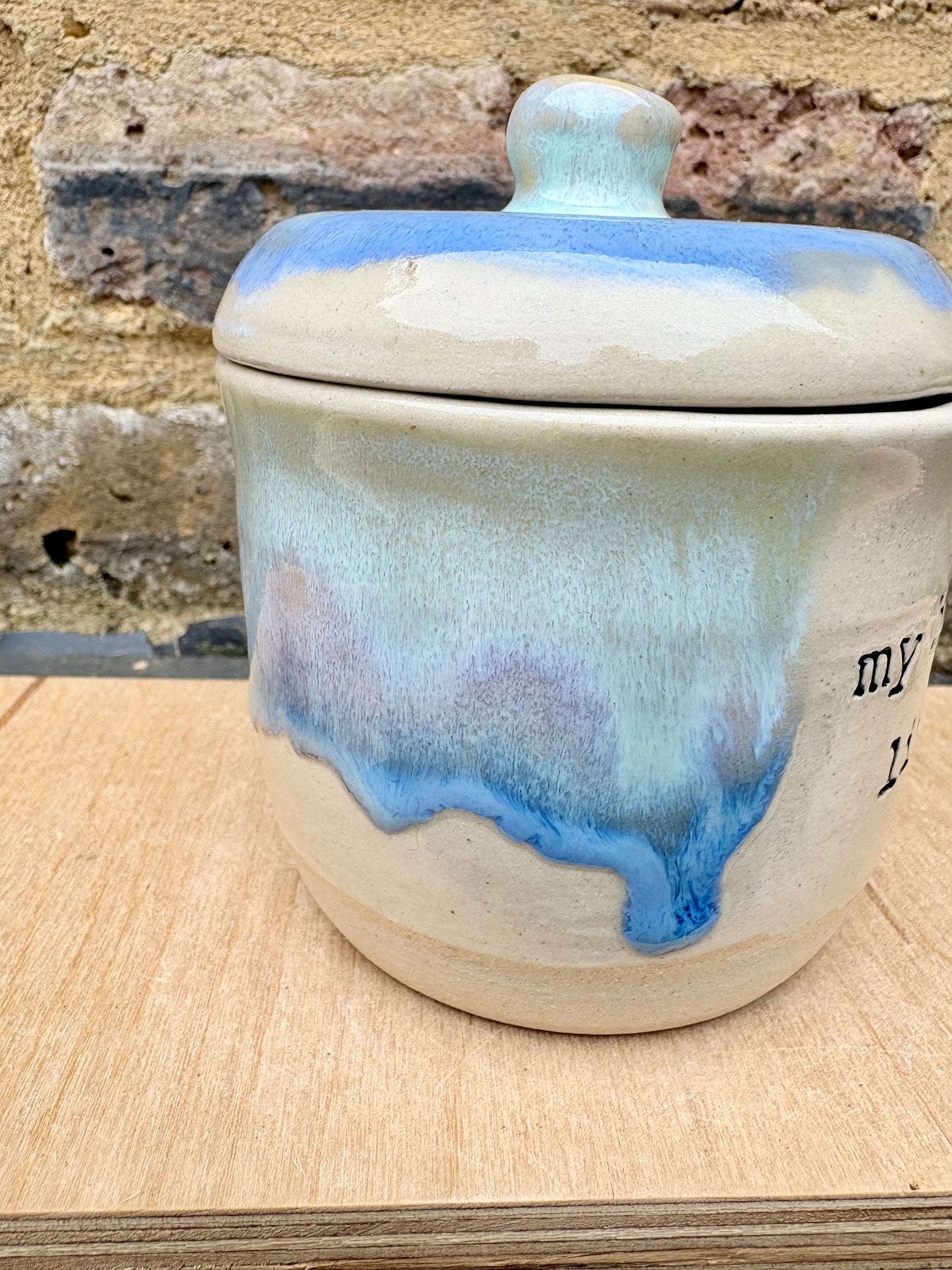"my happy pills live here" lidded pot (oyster blue)