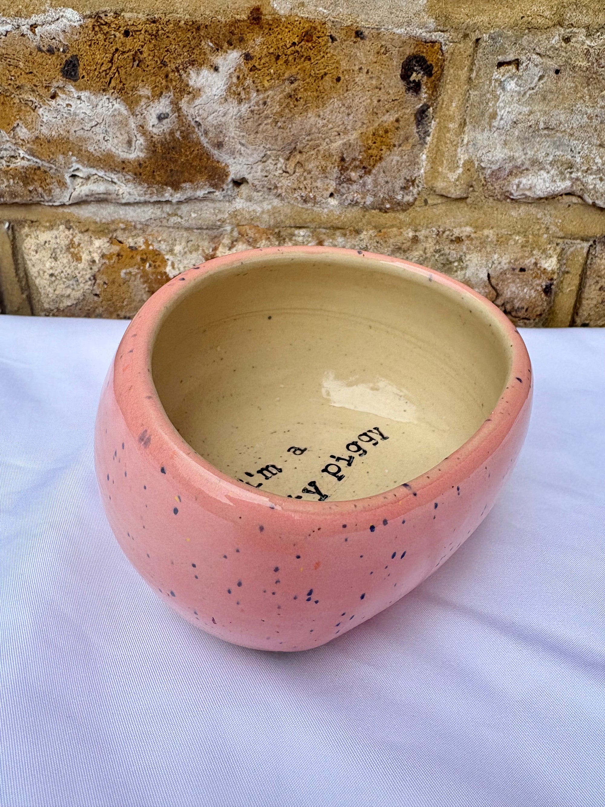 "I'm a salty piggy" Salt Pig (wheelthrown, pink speckle glaze)