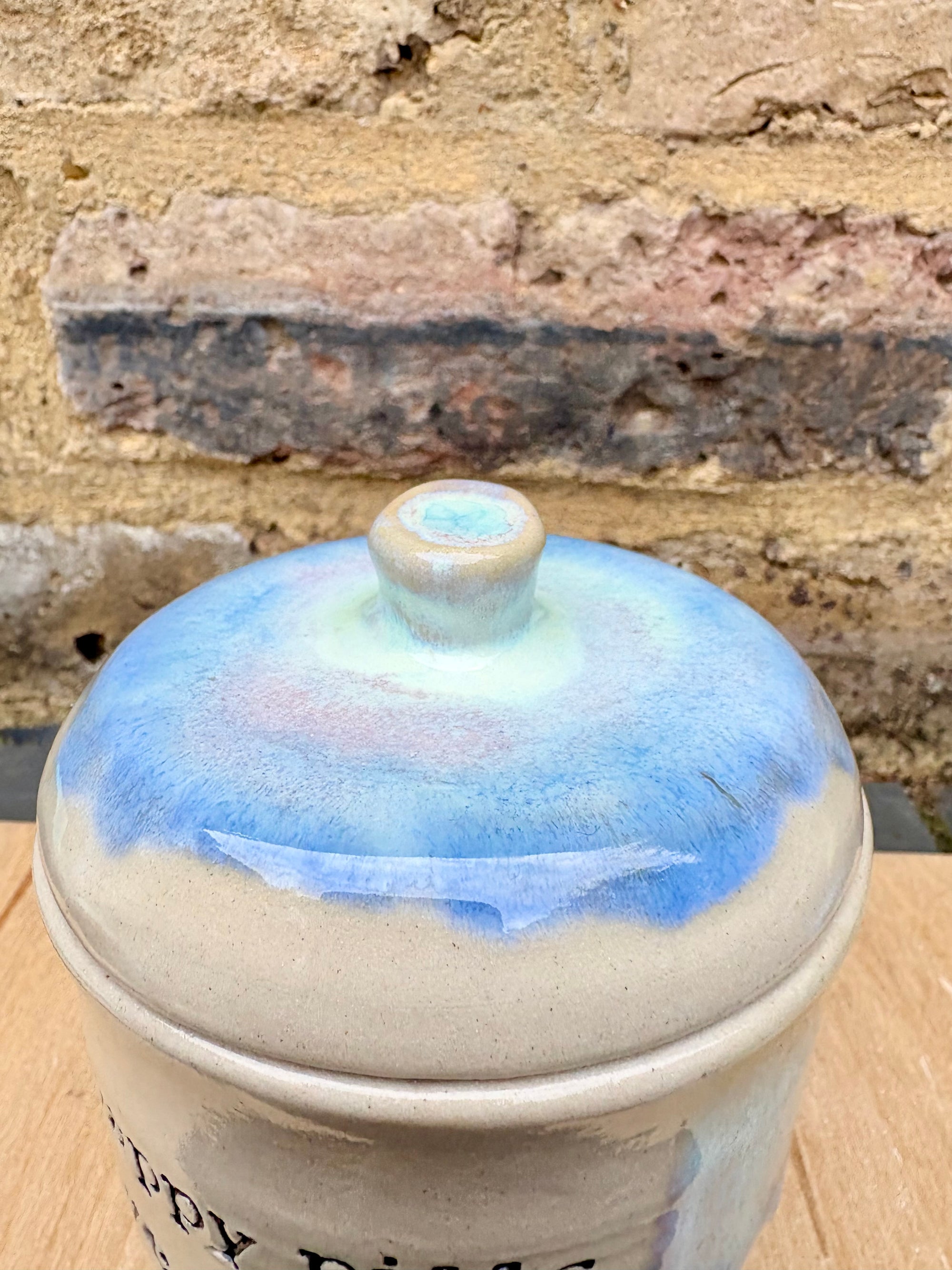 "my happy pills live here" lidded pot (oyster blue)