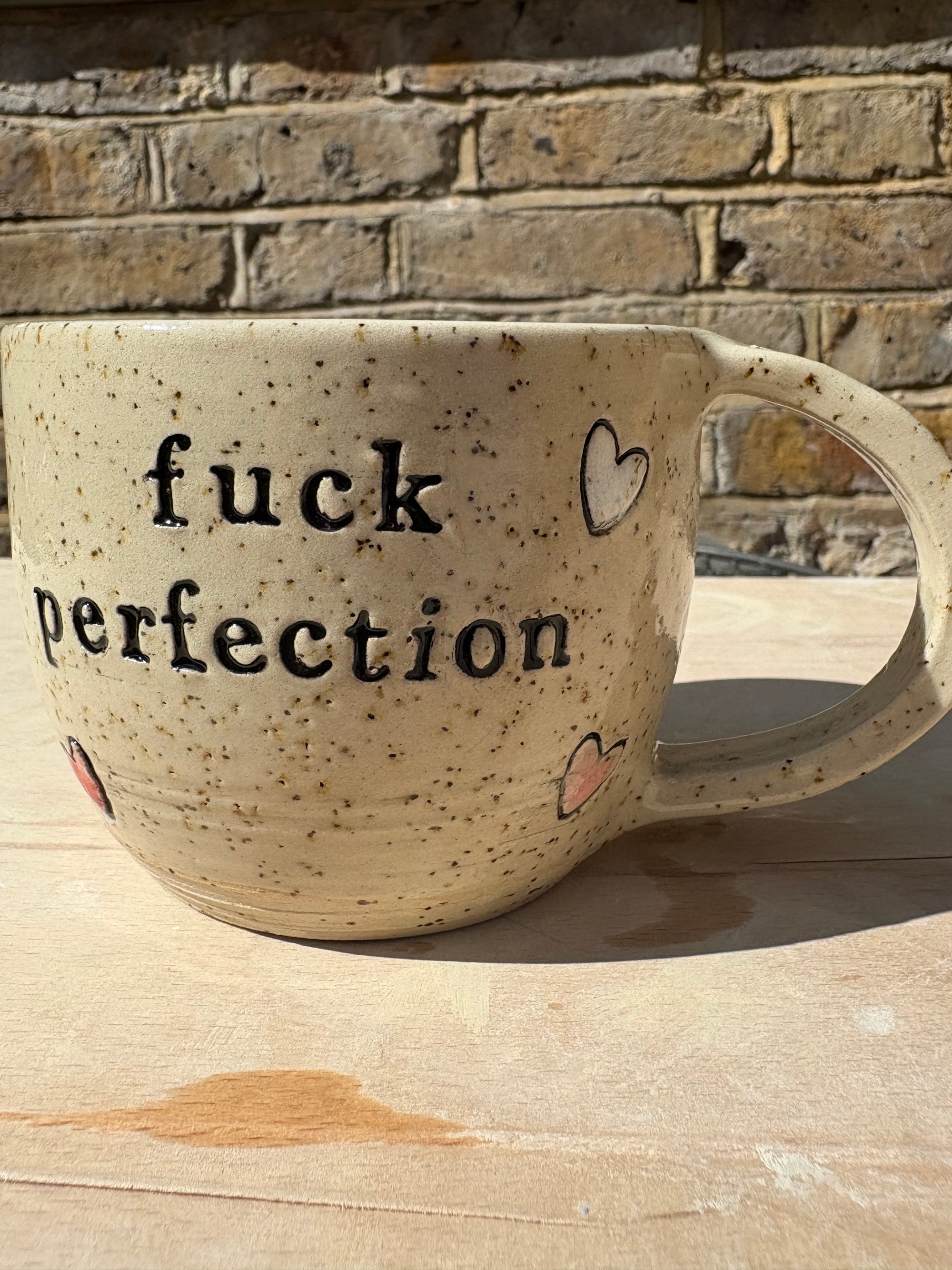 "fuck perfection" mug (pink/red hearts)